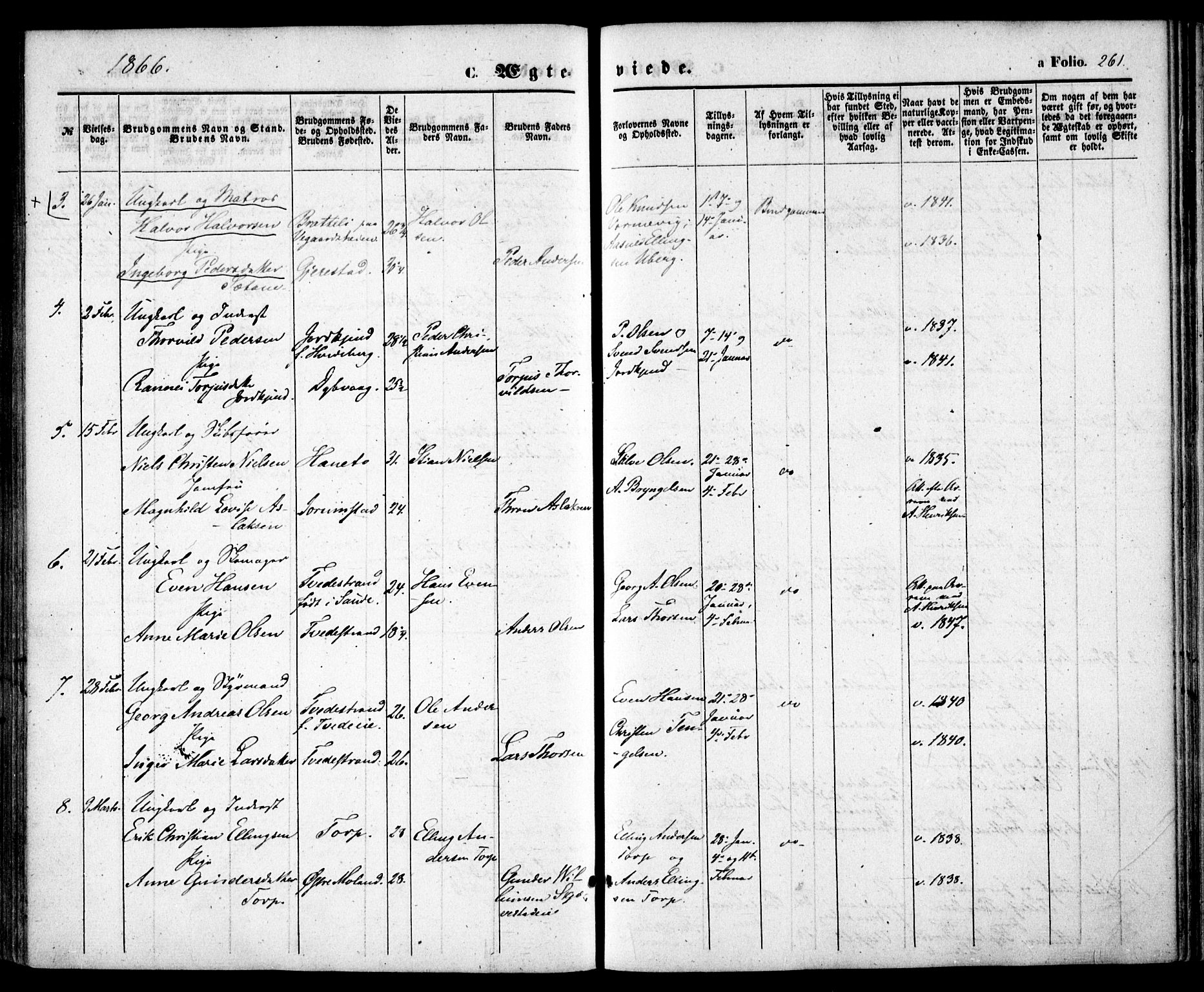 Holt sokneprestkontor, SAK/1111-0021/F/Fa/L0009: Parish register (official) no. A 9, 1861-1871, p. 261