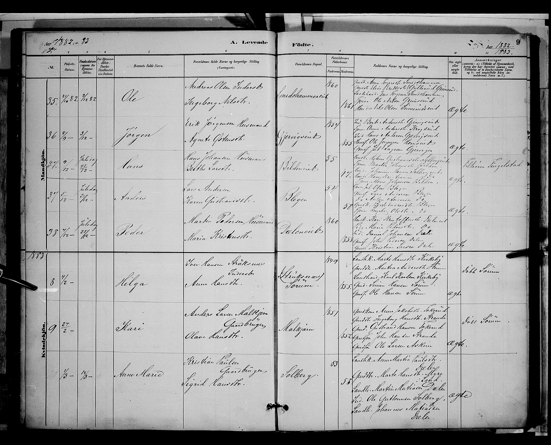Gran prestekontor, SAH/PREST-112/H/Ha/Hab/L0003: Parish register (copy) no. 3, 1882-1890, p. 9