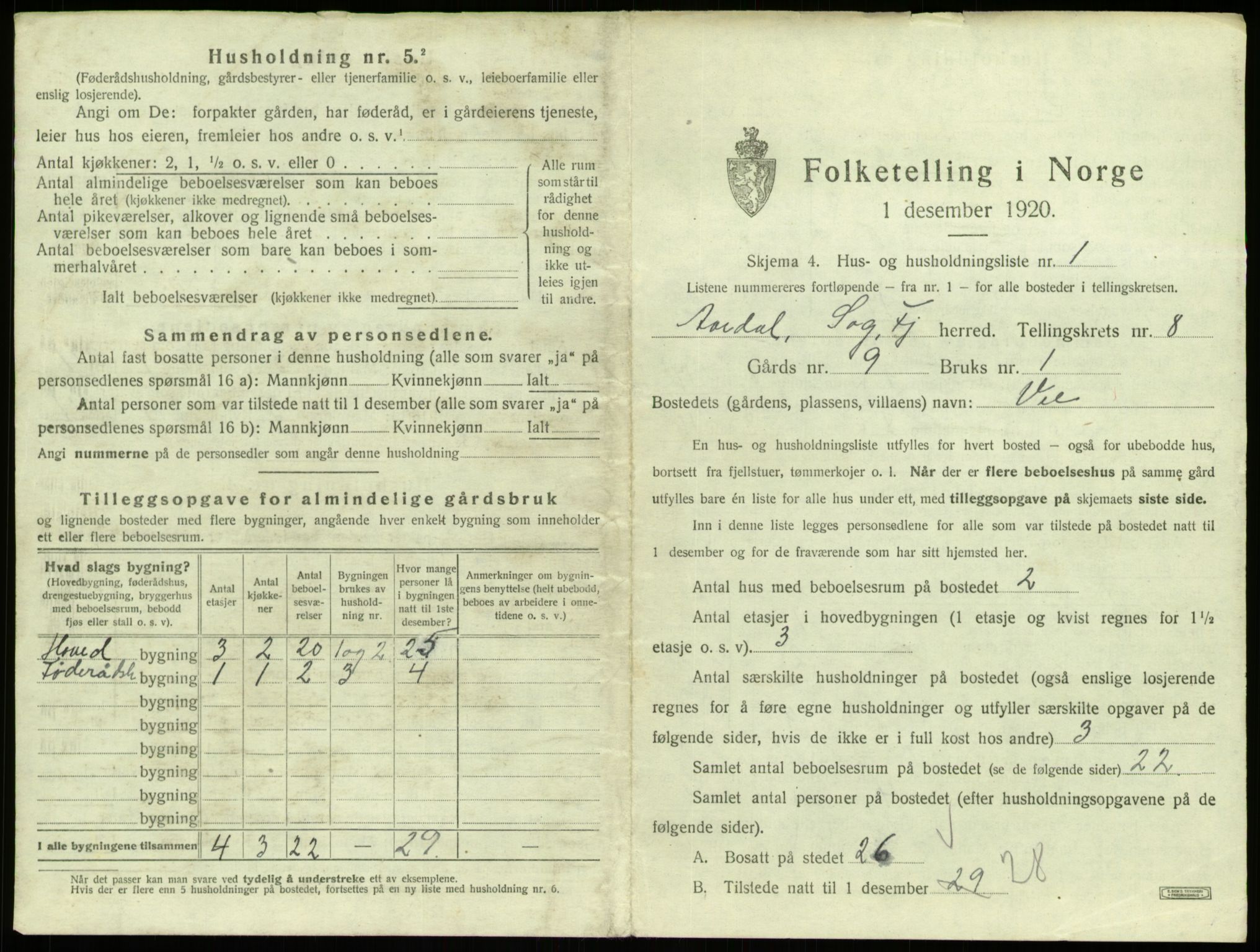 SAB, 1920 census for Årdal, 1920, p. 463