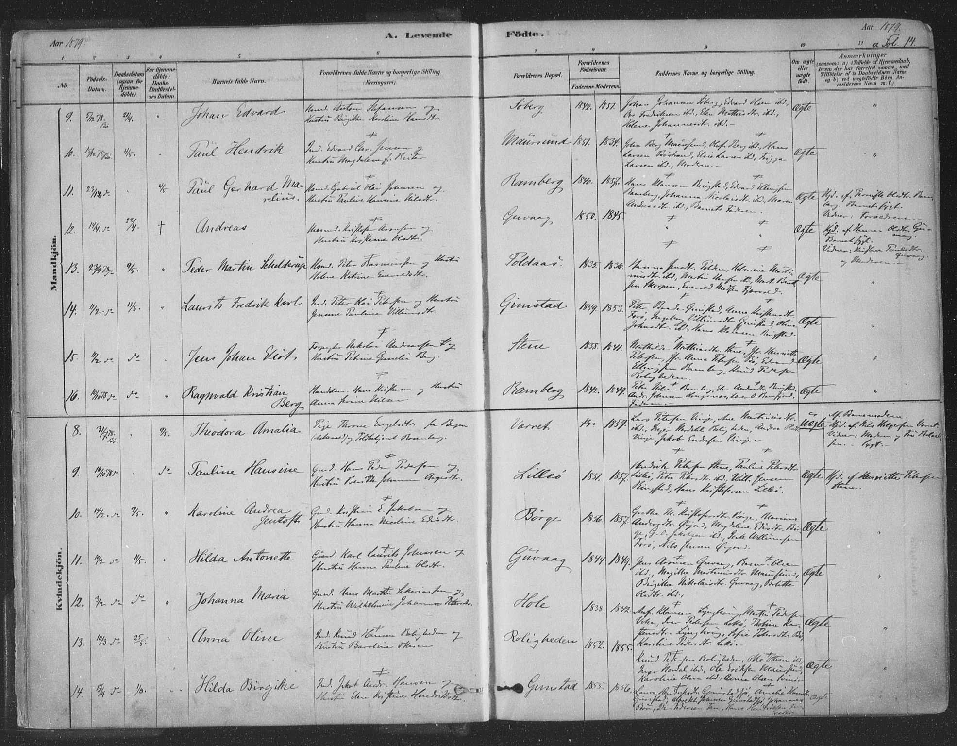 Ministerialprotokoller, klokkerbøker og fødselsregistre - Nordland, AV/SAT-A-1459/891/L1302: Parish register (official) no. 891A07, 1878-1895, p. 14