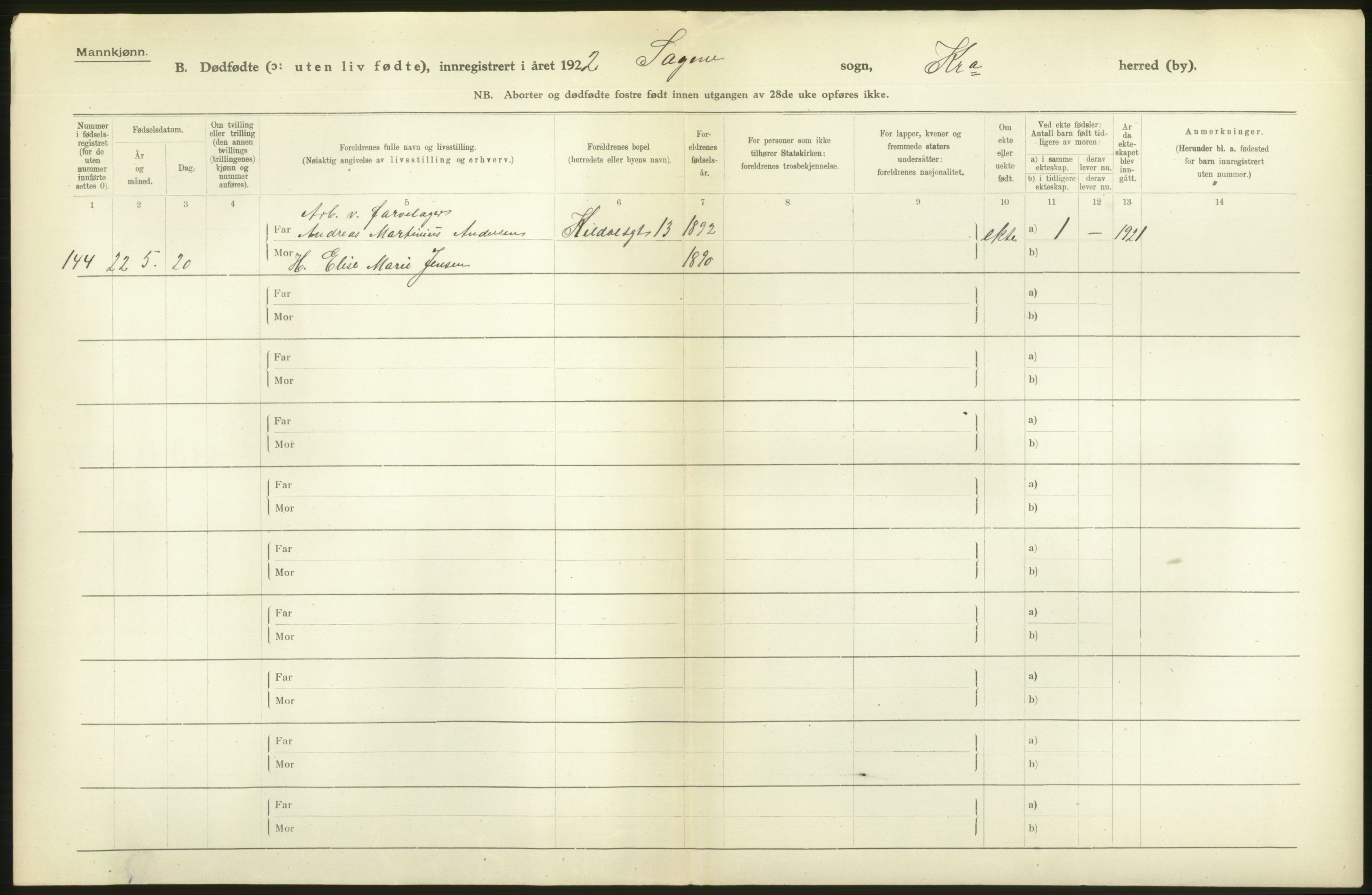 Statistisk sentralbyrå, Sosiodemografiske emner, Befolkning, AV/RA-S-2228/D/Df/Dfc/Dfcb/L0010: Kristiania: Døde, dødfødte, 1922, p. 20