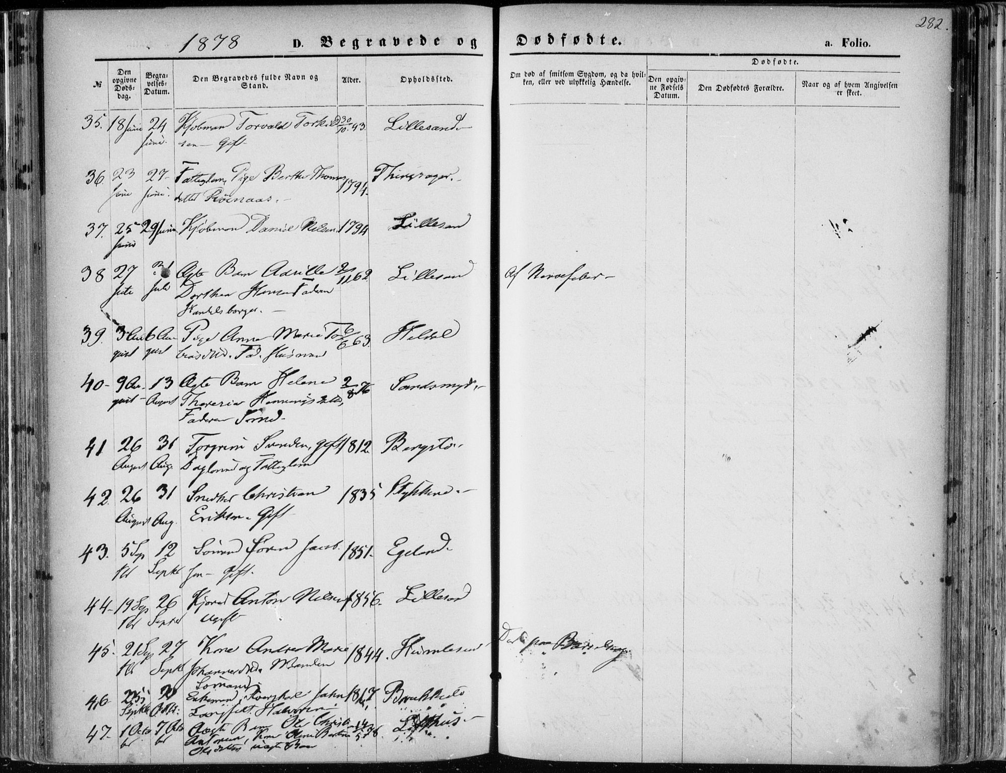 Vestre Moland sokneprestkontor, AV/SAK-1111-0046/F/Fa/Fab/L0008: Parish register (official) no. A 8, 1873-1883, p. 282