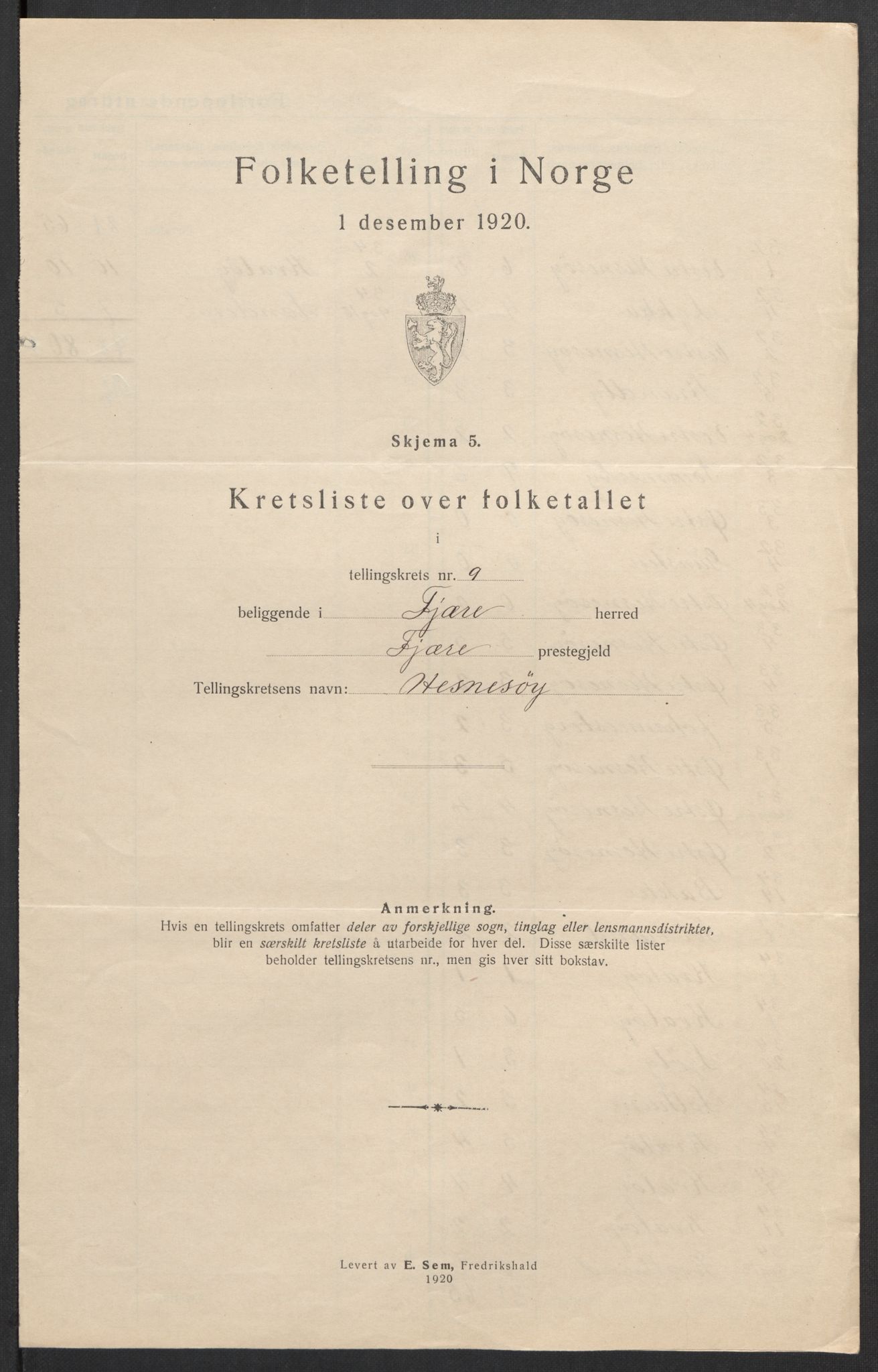 SAK, 1920 census for Fjære, 1920, p. 45