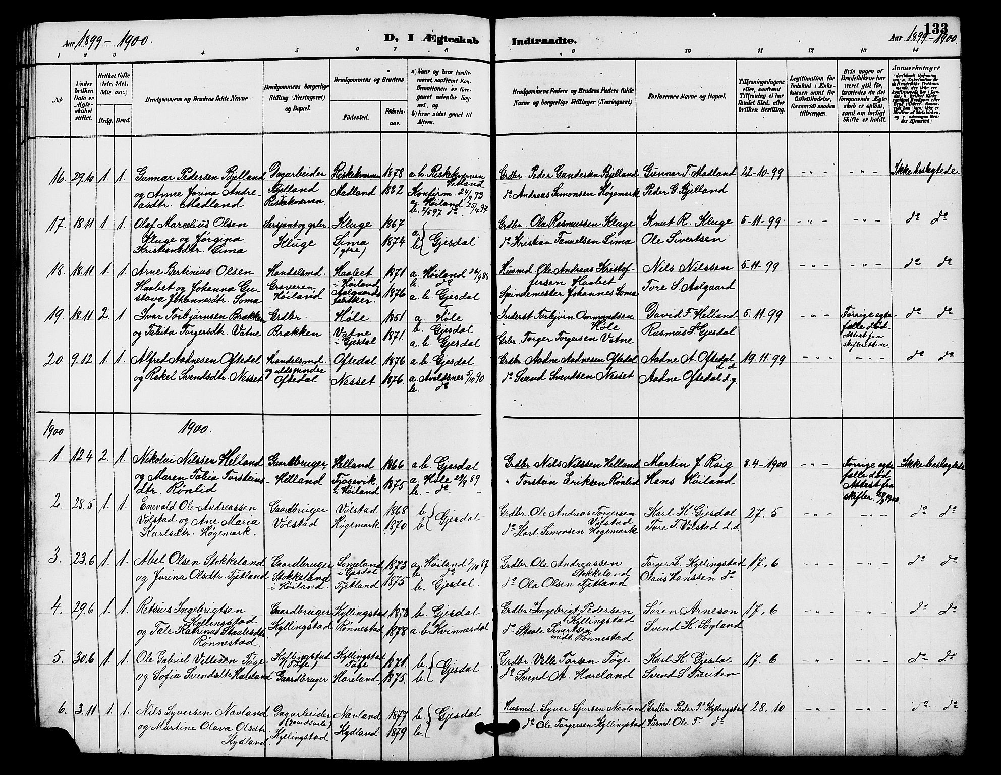 Lye sokneprestkontor, SAST/A-101794/001/30BB/L0008: Parish register (copy) no. B 7, 1887-1901, p. 133