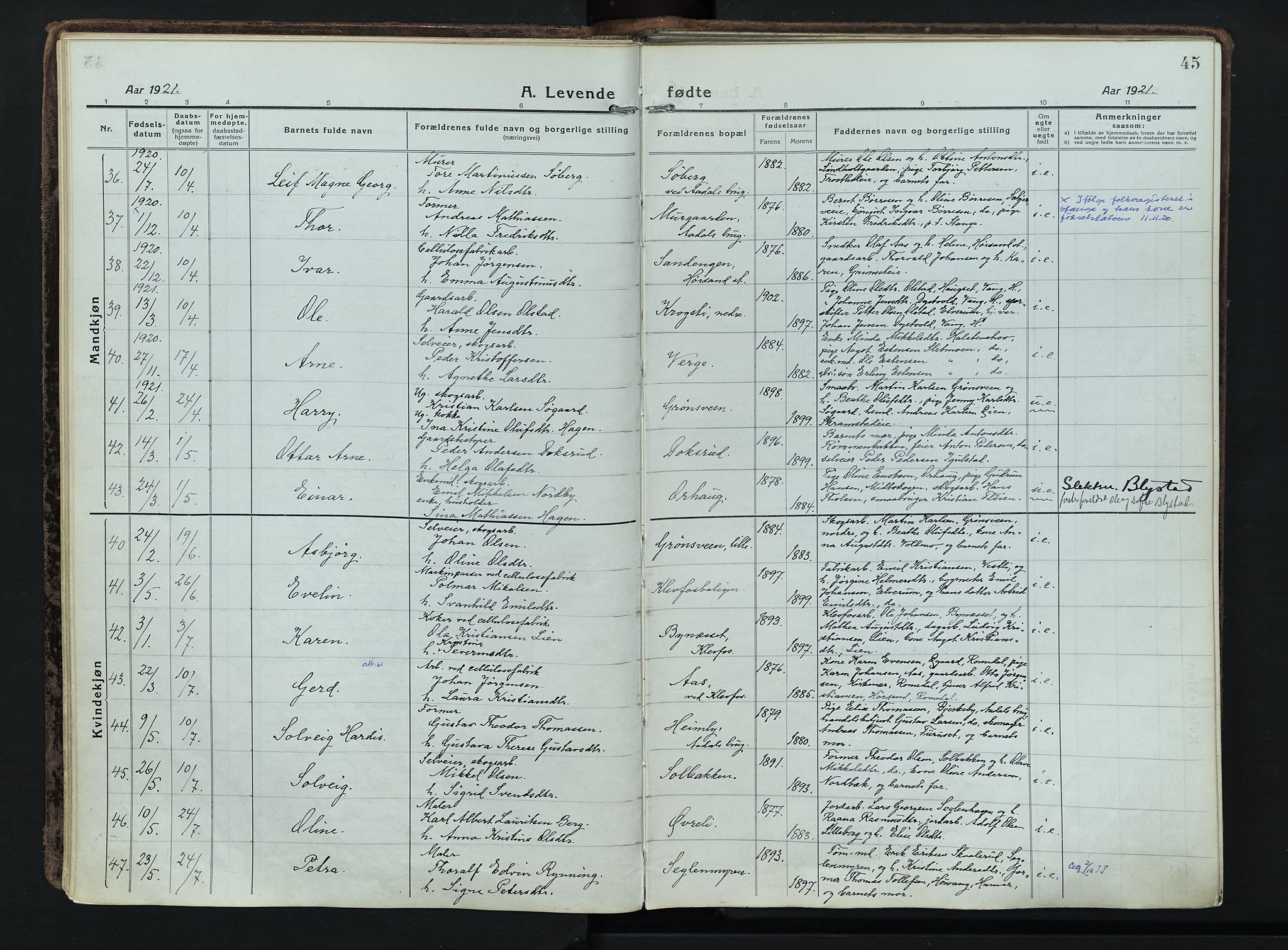 Løten prestekontor, SAH/PREST-022/K/Ka/L0012: Parish register (official) no. 12, 1918-1926, p. 45