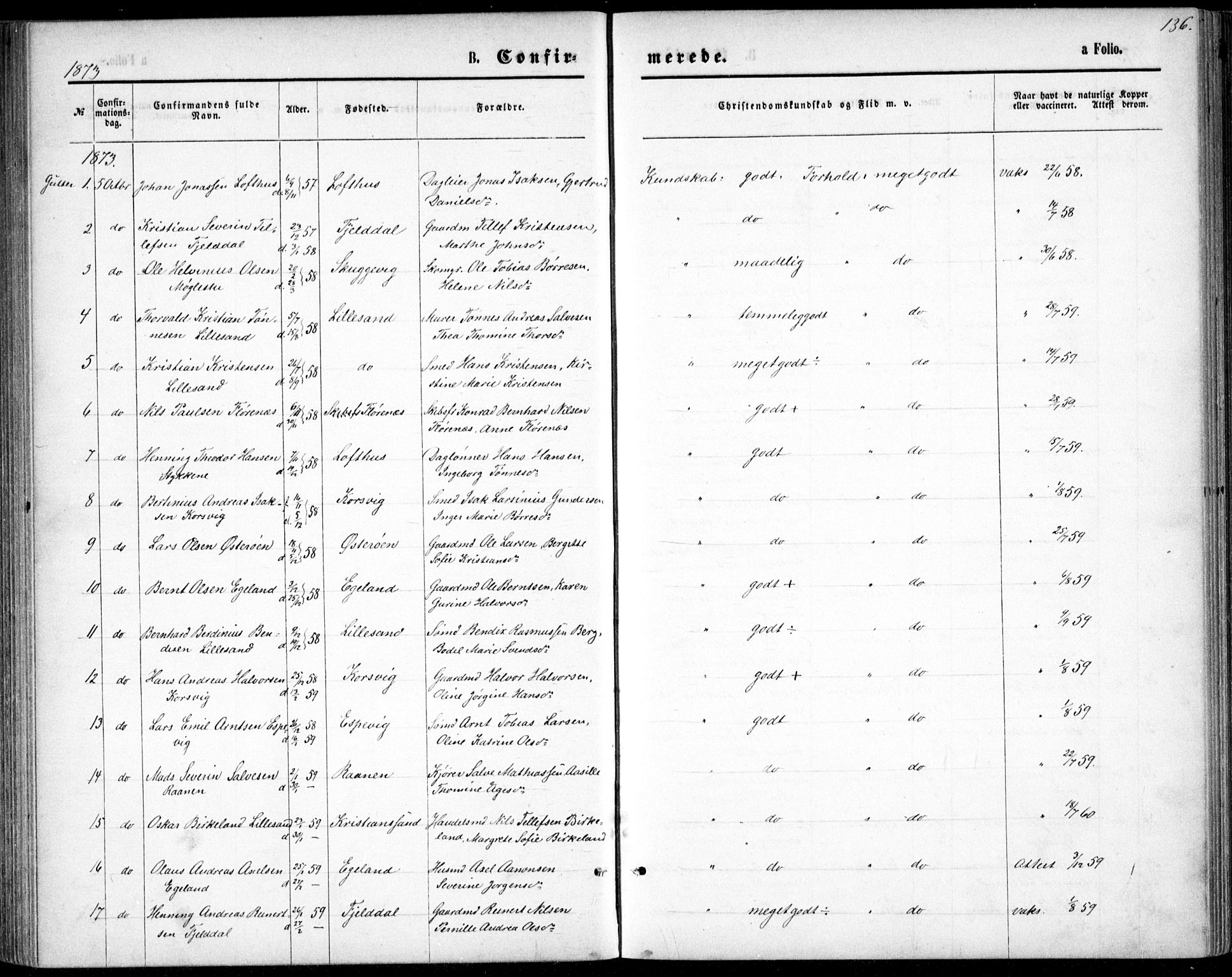 Vestre Moland sokneprestkontor, SAK/1111-0046/F/Fb/Fbb/L0005: Parish register (copy) no. B 5, 1872-1883, p. 136