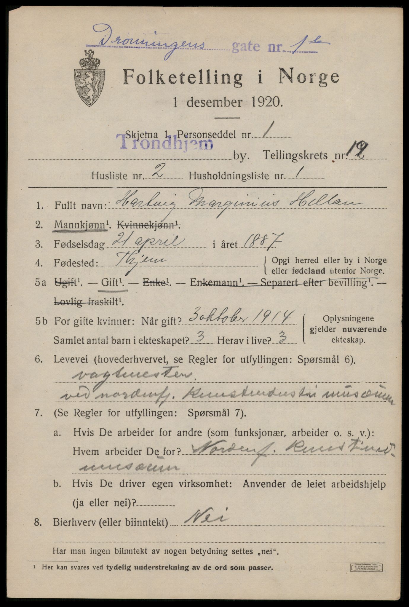 SAT, 1920 census for Trondheim, 1920, p. 58250