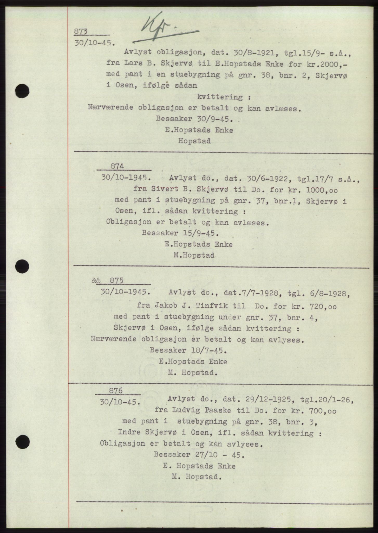 Fosen sorenskriveri, AV/SAT-A-1107/1/2/2C: Mortgage book no. B1, 1943-1946, Diary no: : 873/1945