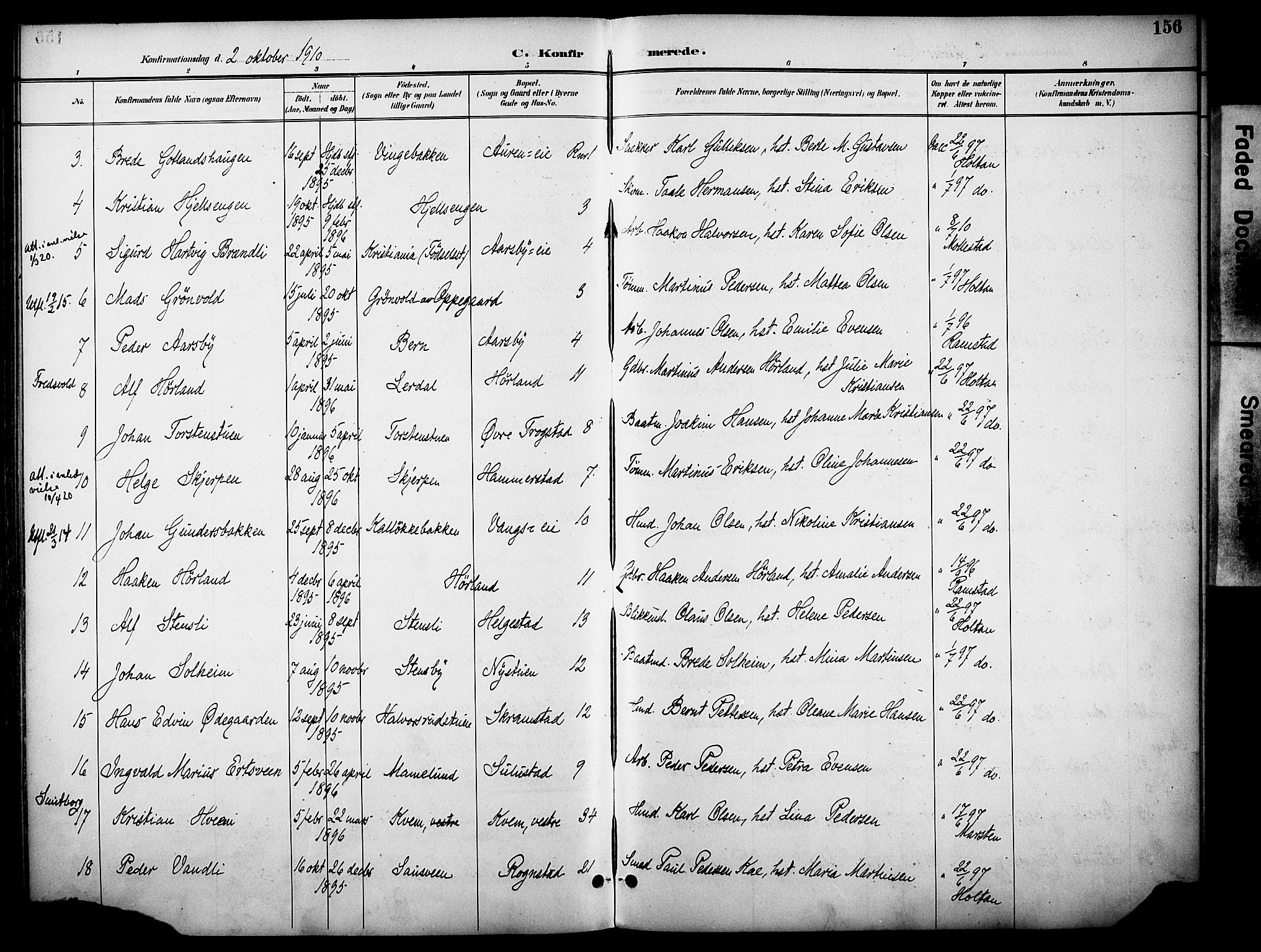 Østre Toten prestekontor, AV/SAH-PREST-104/H/Ha/Haa/L0009: Parish register (official) no. 9, 1897-1913, p. 156