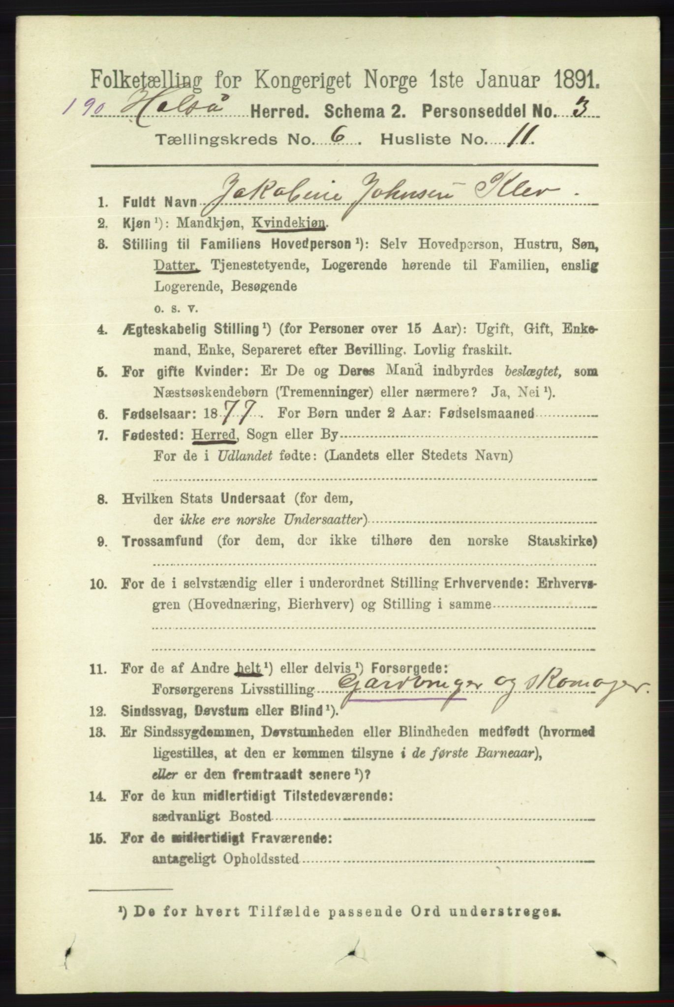 RA, 1891 census for 1019 Halse og Harkmark, 1891, p. 2431