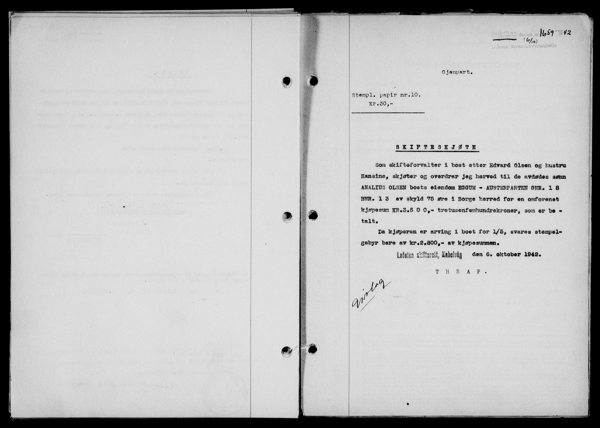 Lofoten sorenskriveri, SAT/A-0017/1/2/2C/L0010a: Mortgage book no. 10a, 1942-1943, Diary no: : 1659/1942