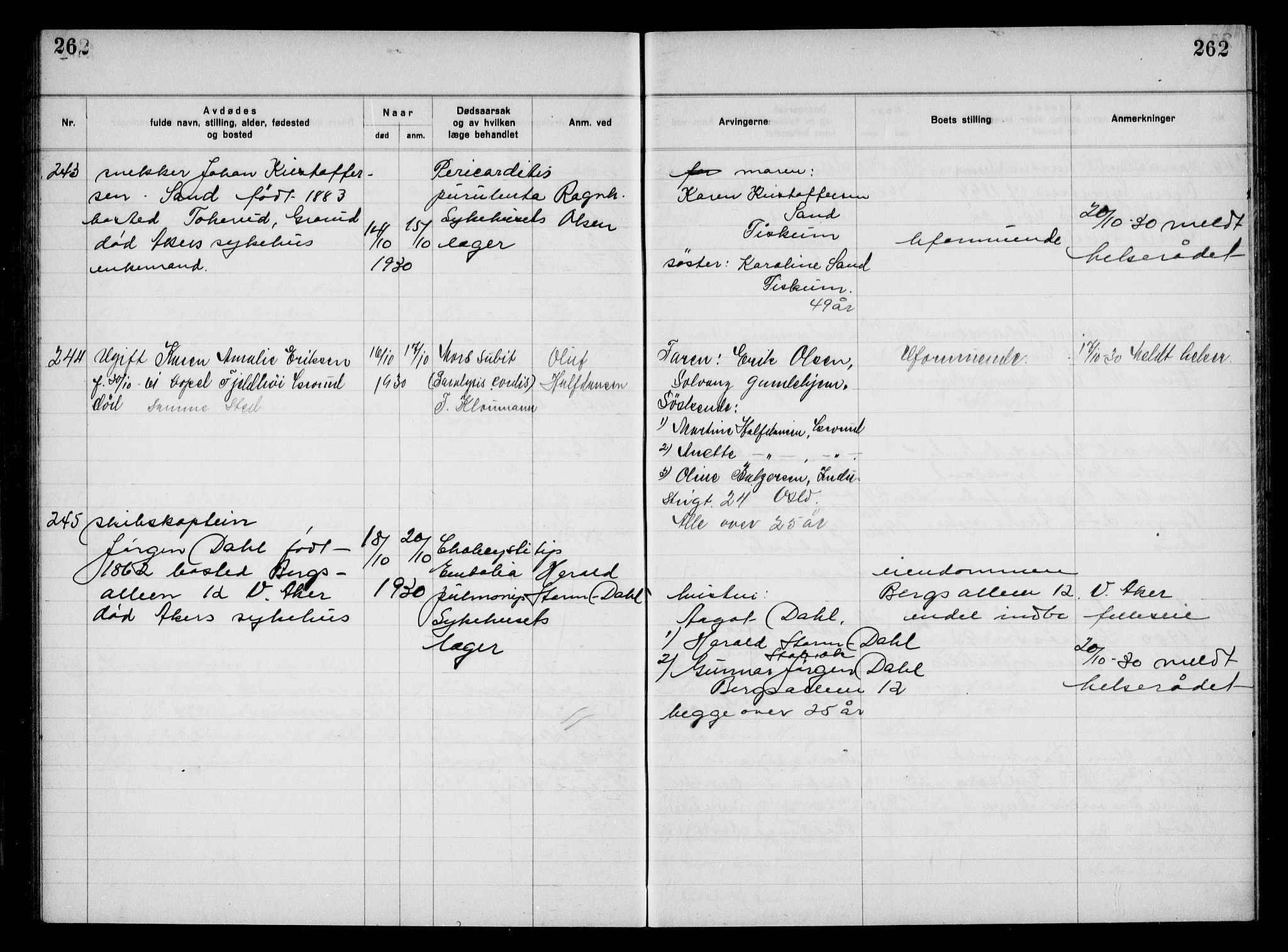 Aker kriminaldommer, skifte- og auksjonsforvalterembete, AV/SAO-A-10452/H/Hb/Hba/Hbac/L0002: Dødsfallsprotokoll for Østre Aker, 1927-1931, p. 262