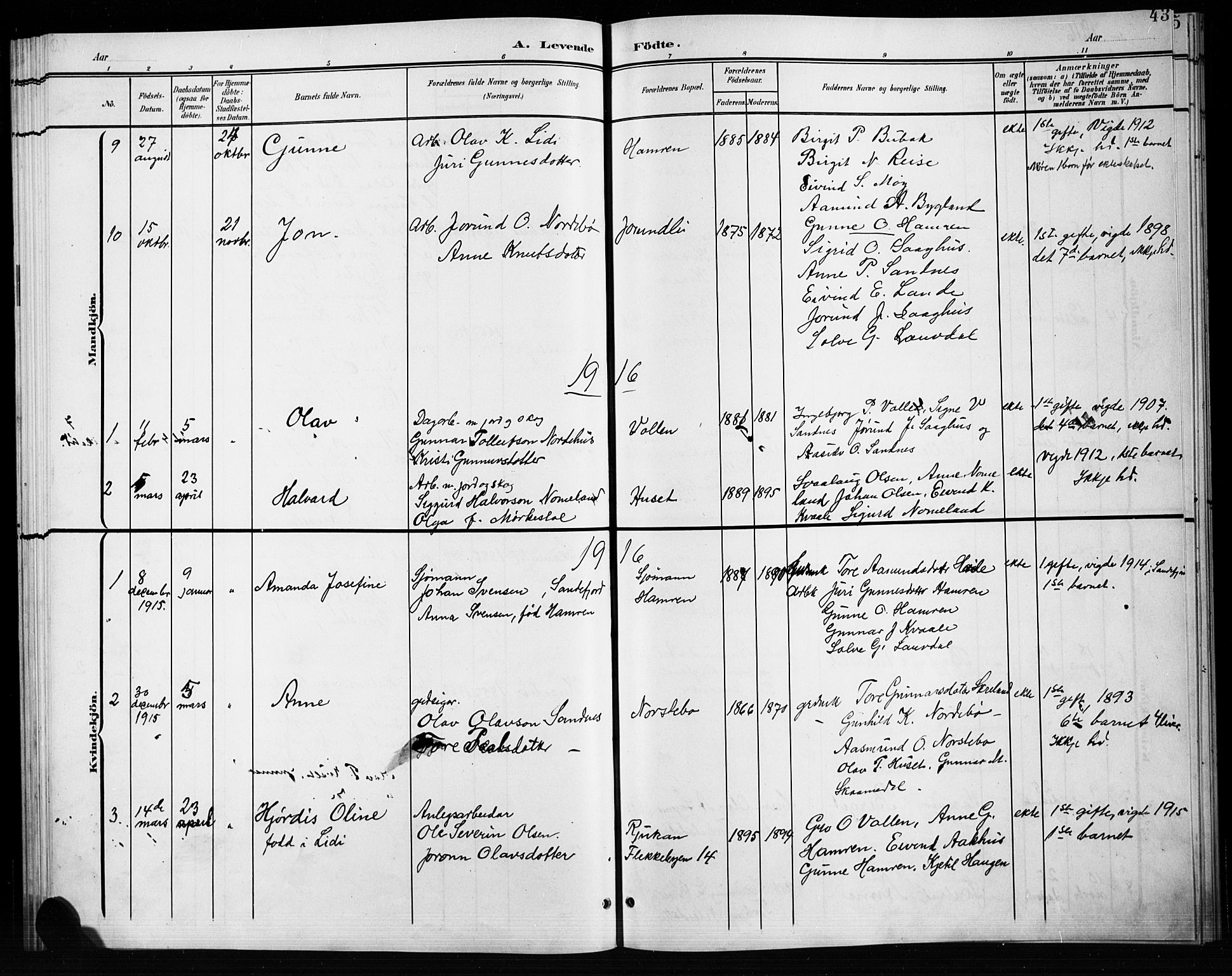Bygland sokneprestkontor, SAK/1111-0006/F/Fb/Fbb/L0004: Parish register (copy) no. B 4, 1902-1920, p. 43