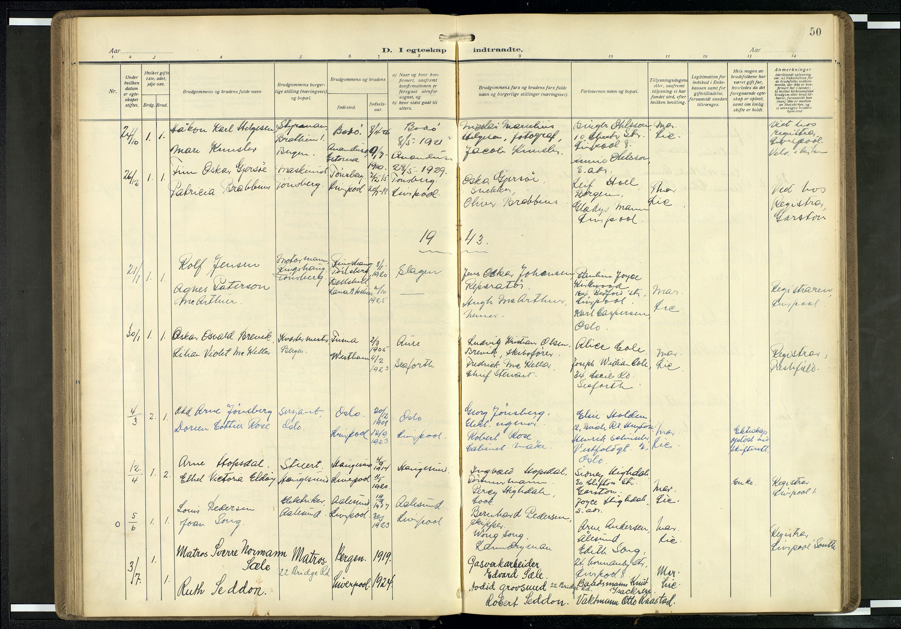 Den norske sjømannsmisjon i utlandet/Mersey-havnene (Liverpool), SAB/SAB/PA-0104/H/Ha/L0001: Parish register (official) no. A 1, 1919-1954, p. 49b-50a