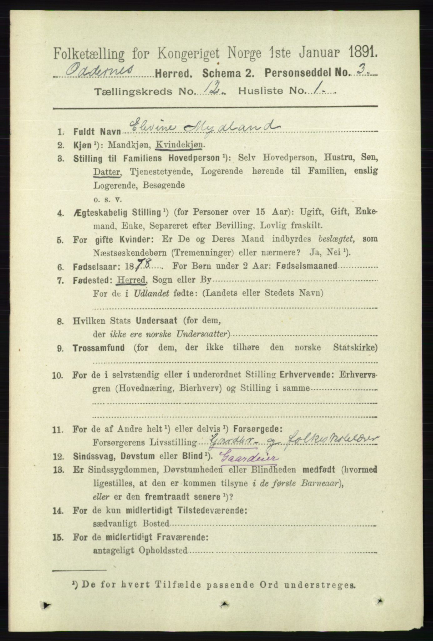 RA, 1891 census for 1012 Oddernes, 1891, p. 4358