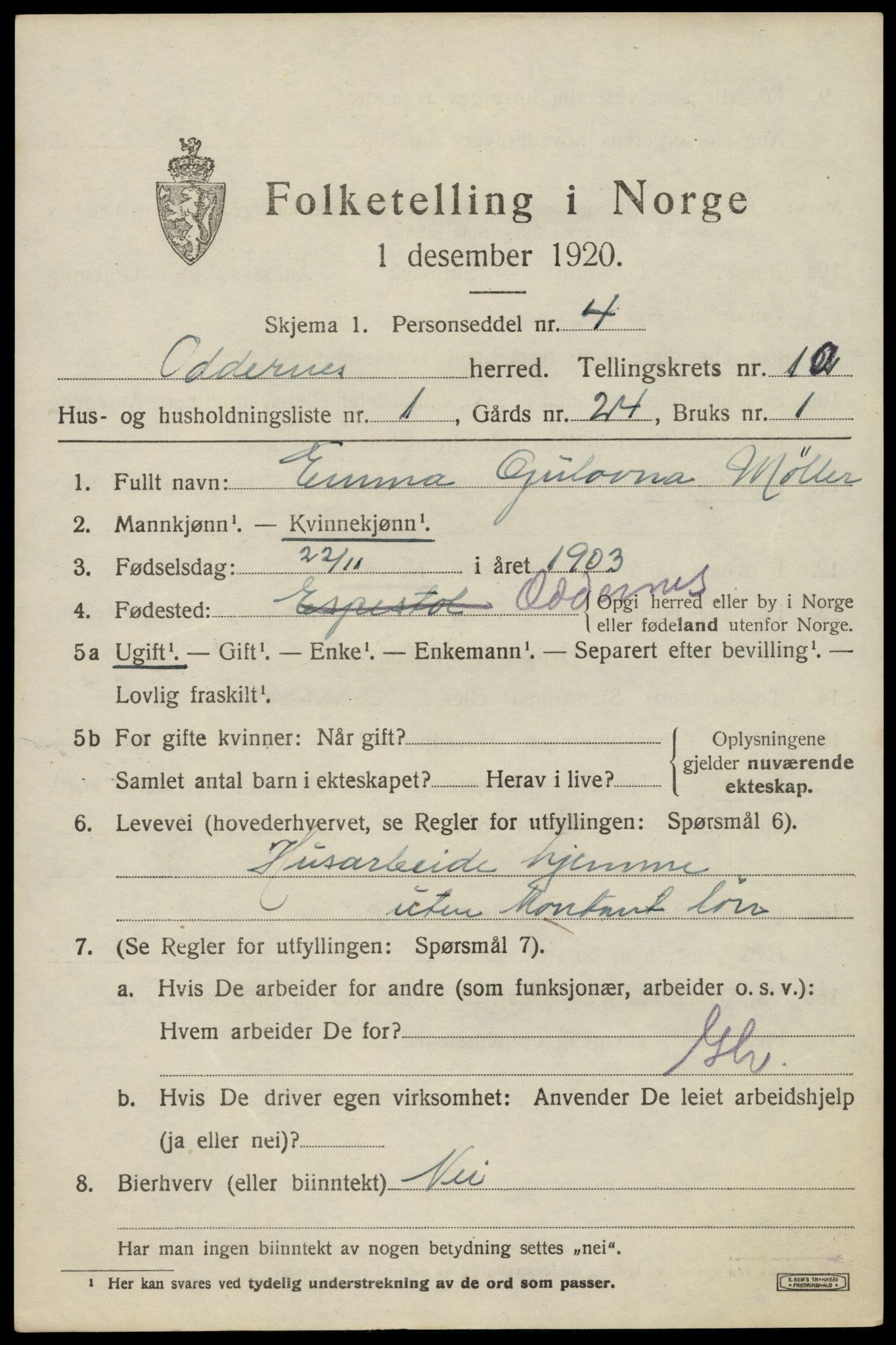 SAK, 1920 census for Oddernes, 1920, p. 6373