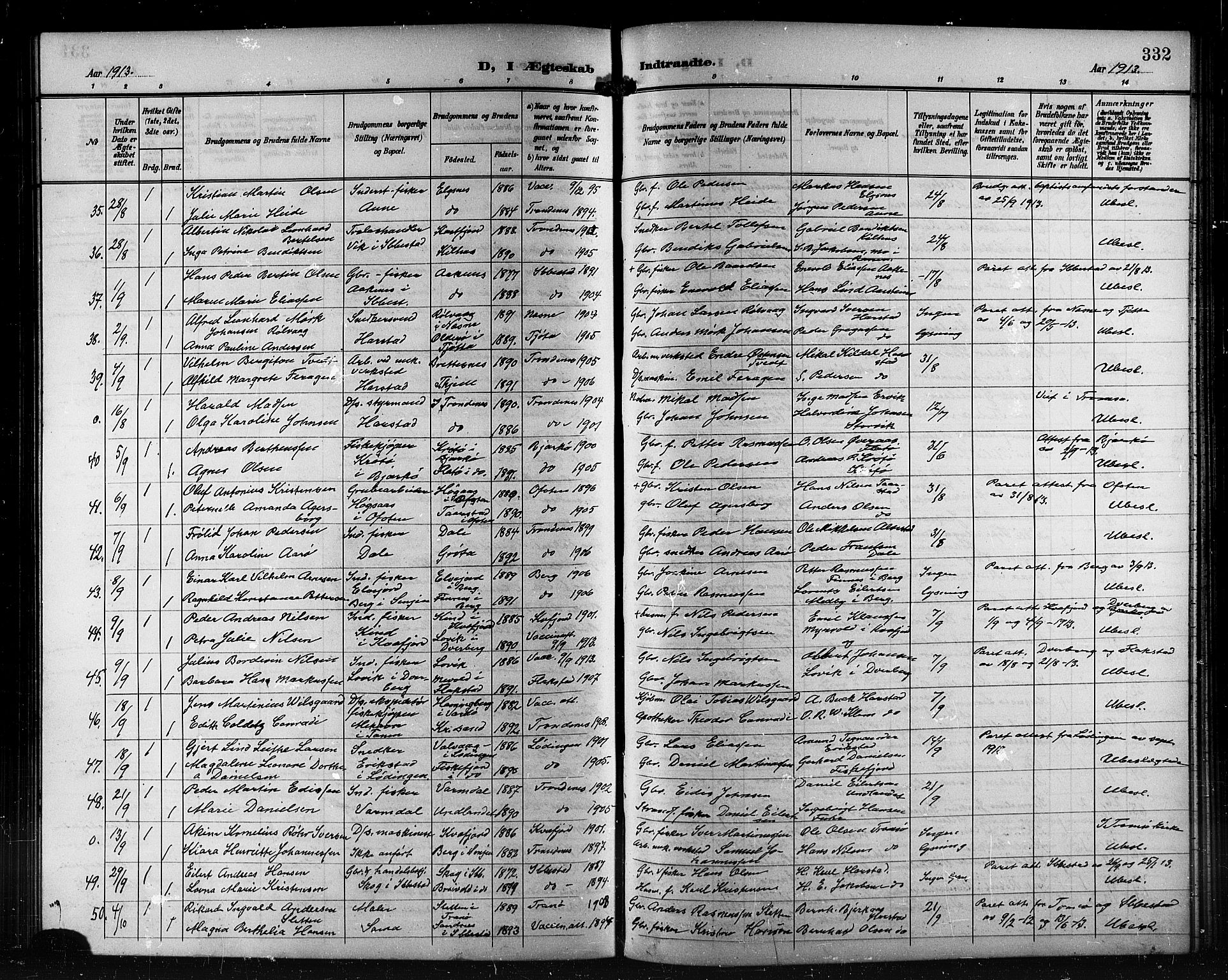 Trondenes sokneprestkontor, AV/SATØ-S-1319/H/Hb/L0012klokker: Parish register (copy) no. 12, 1907-1916, p. 332