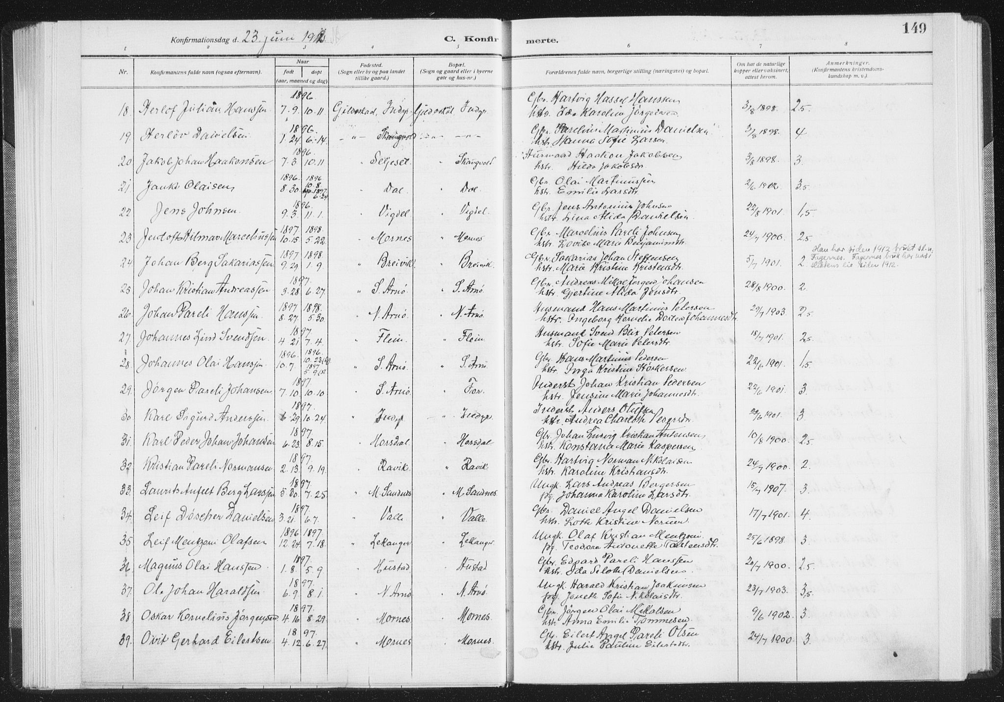 Ministerialprotokoller, klokkerbøker og fødselsregistre - Nordland, AV/SAT-A-1459/805/L0104: Parish register (official) no. 805A09, 1909-1926, p. 149