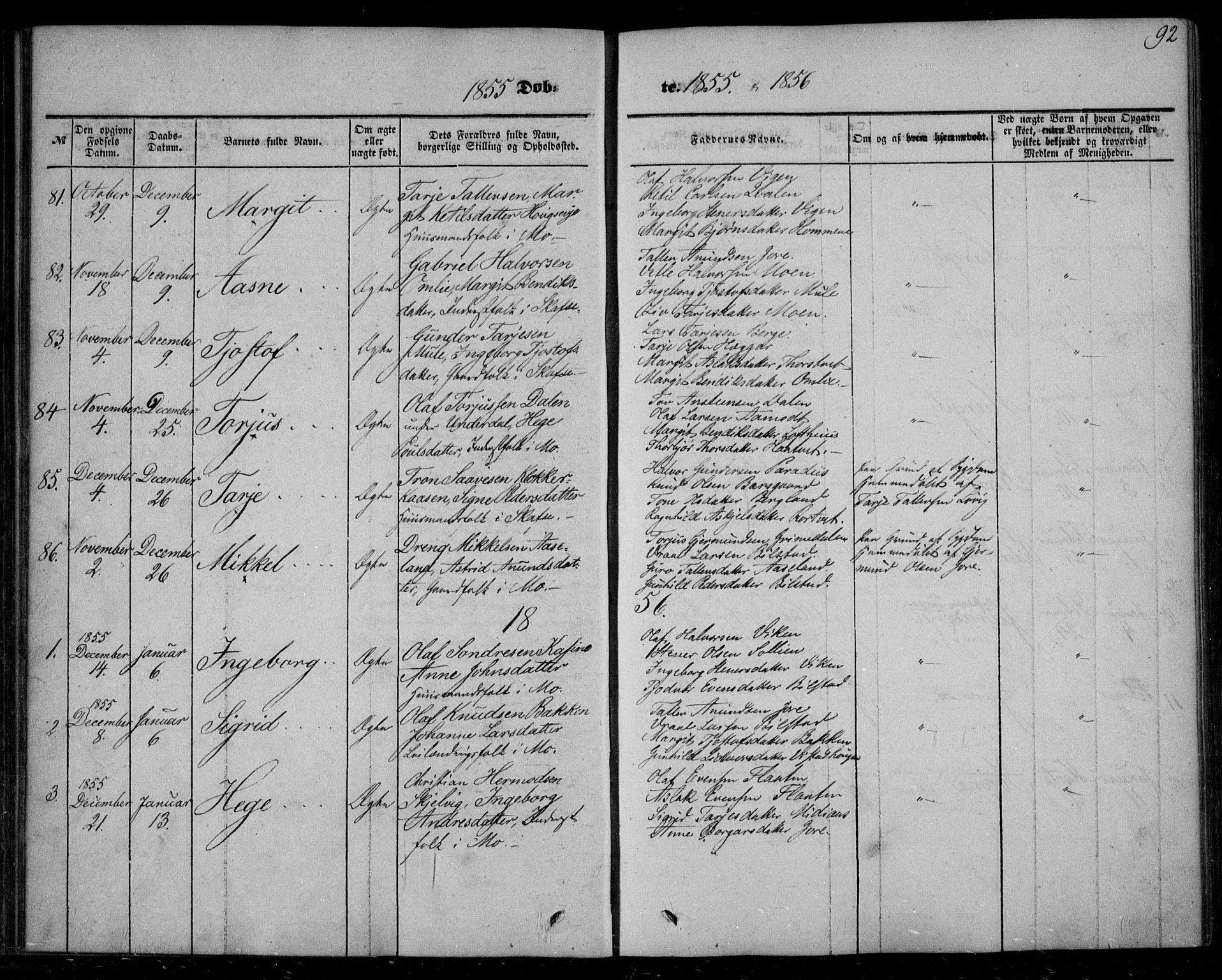 Mo kirkebøker, AV/SAKO-A-286/F/Fa/L0005: Parish register (official) no. I 5, 1844-1864, p. 92