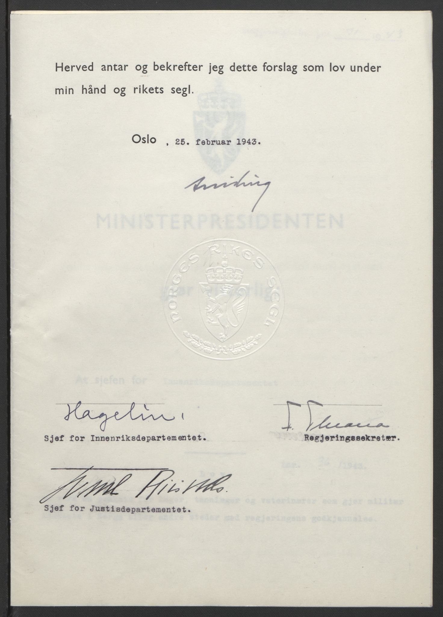 NS-administrasjonen 1940-1945 (Statsrådsekretariatet, de kommisariske statsråder mm), RA/S-4279/D/Db/L0099: Lover, 1943, p. 157