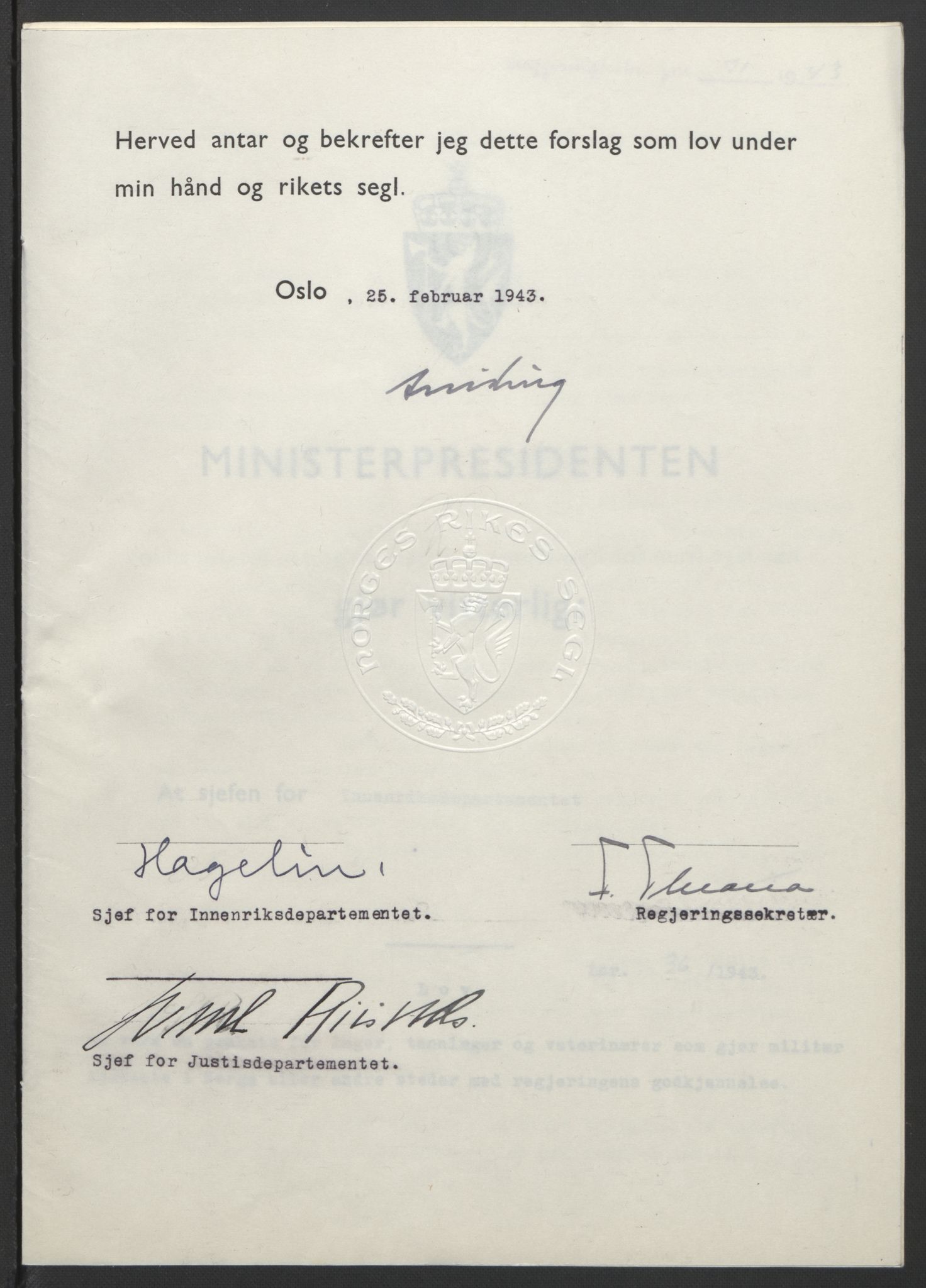 NS-administrasjonen 1940-1945 (Statsrådsekretariatet, de kommisariske statsråder mm), AV/RA-S-4279/D/Db/L0099: Lover, 1943, p. 157