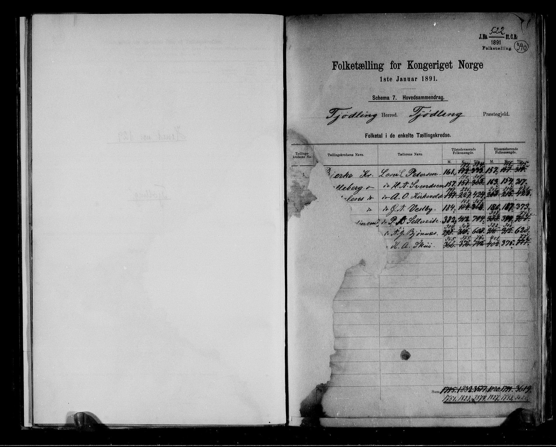 RA, 1891 census for 0725 Tjølling, 1891, p. 2