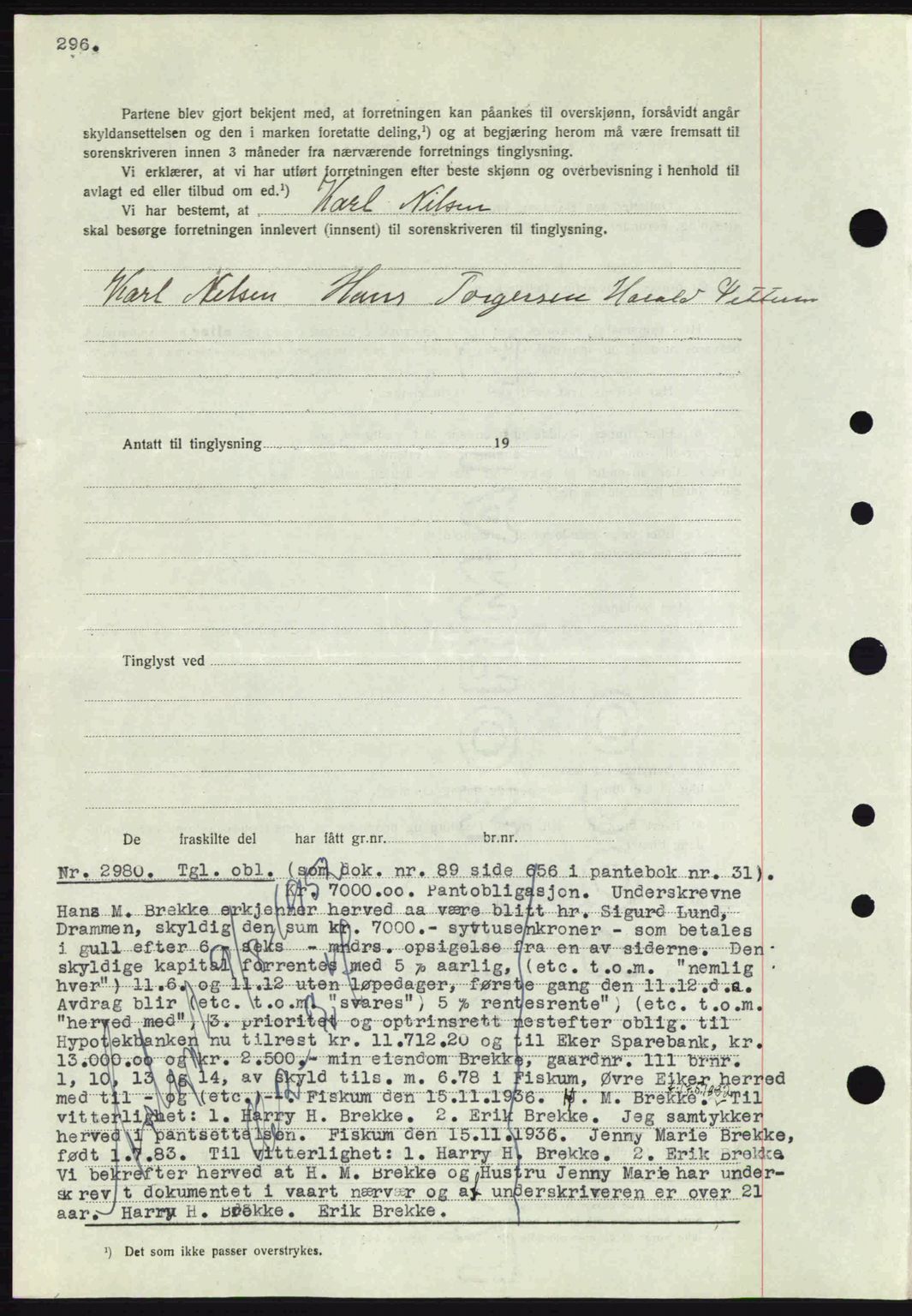 Eiker, Modum og Sigdal sorenskriveri, SAKO/A-123/G/Ga/Gab/L0034: Mortgage book no. A4, 1936-1937, Diary no: : 2980/1936