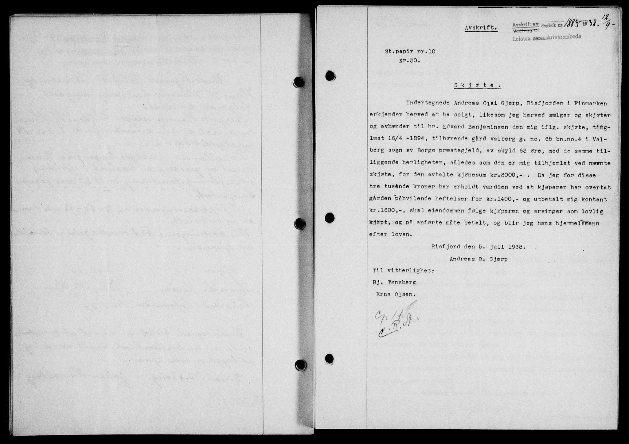 Lofoten sorenskriveri, SAT/A-0017/1/2/2C/L0004a: Mortgage book no. 4a, 1938-1938, Diary no: : 1883/1938