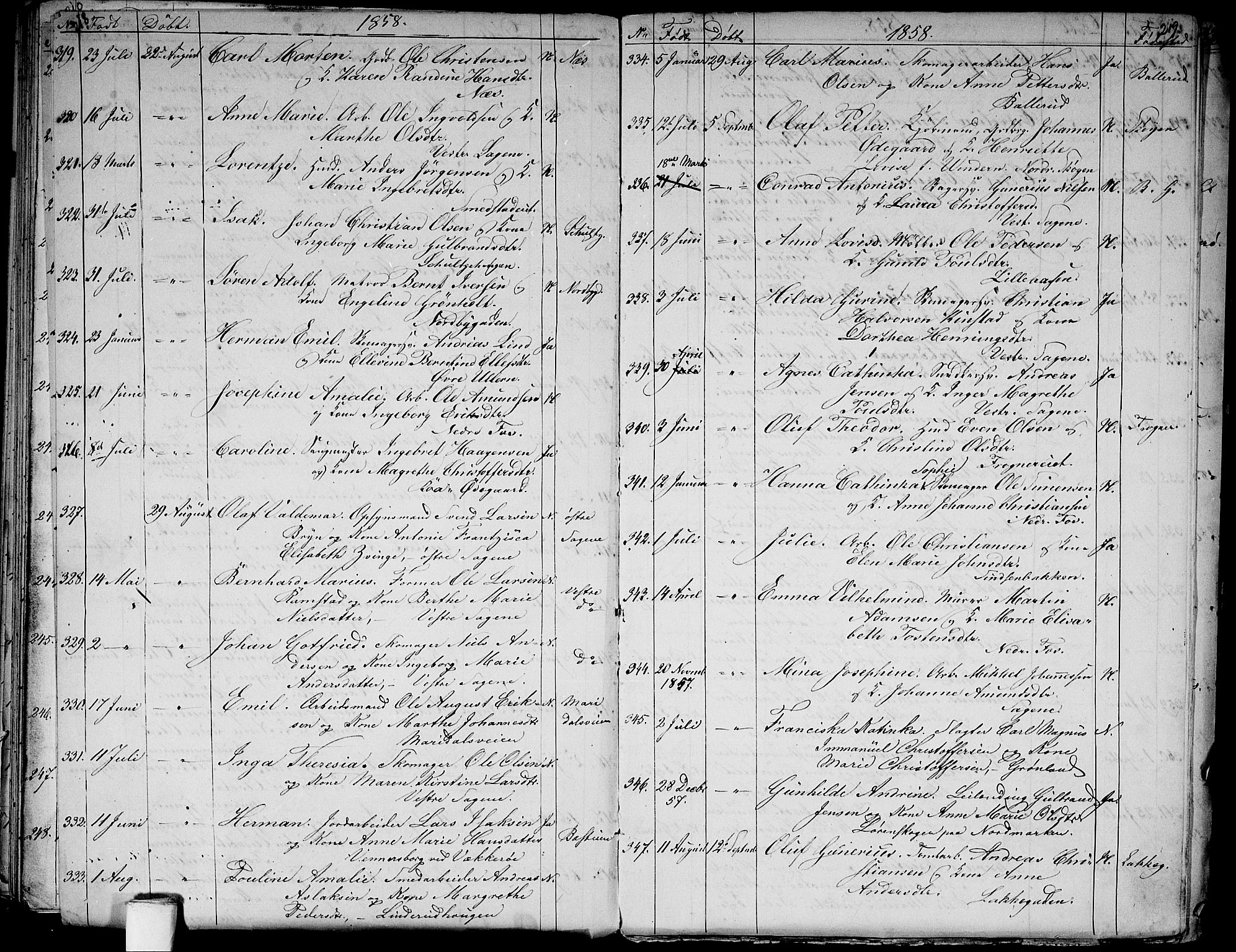 Aker prestekontor kirkebøker, SAO/A-10861/G/L0010: Parish register (copy) no. 10, 1852-1859, p. 218-219