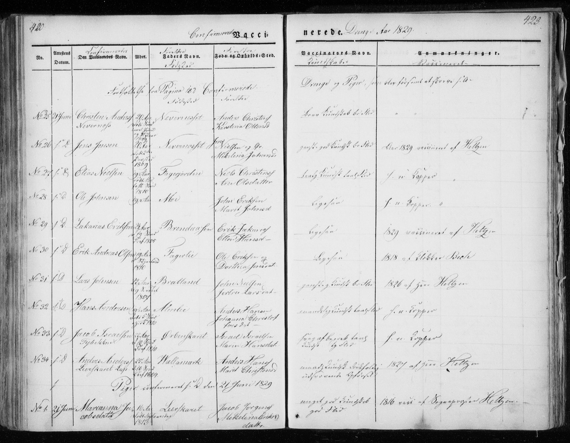 Ministerialprotokoller, klokkerbøker og fødselsregistre - Nordland, AV/SAT-A-1459/825/L0354: Parish register (official) no. 825A08, 1826-1841, p. 420-423