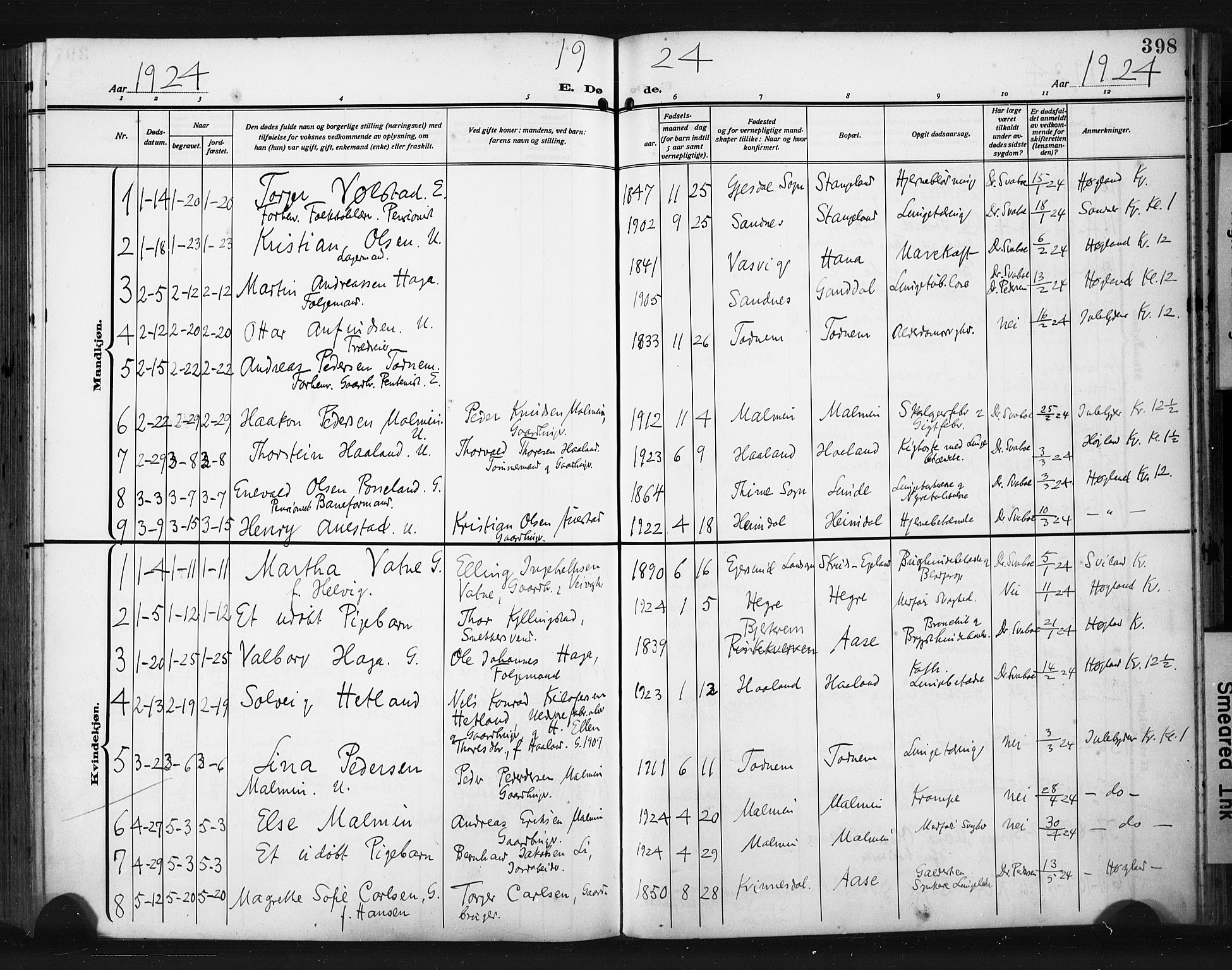 Høyland sokneprestkontor, SAST/A-101799/001/30BA/L0017: Parish register (official) no. A 15, 1912-1924, p. 398