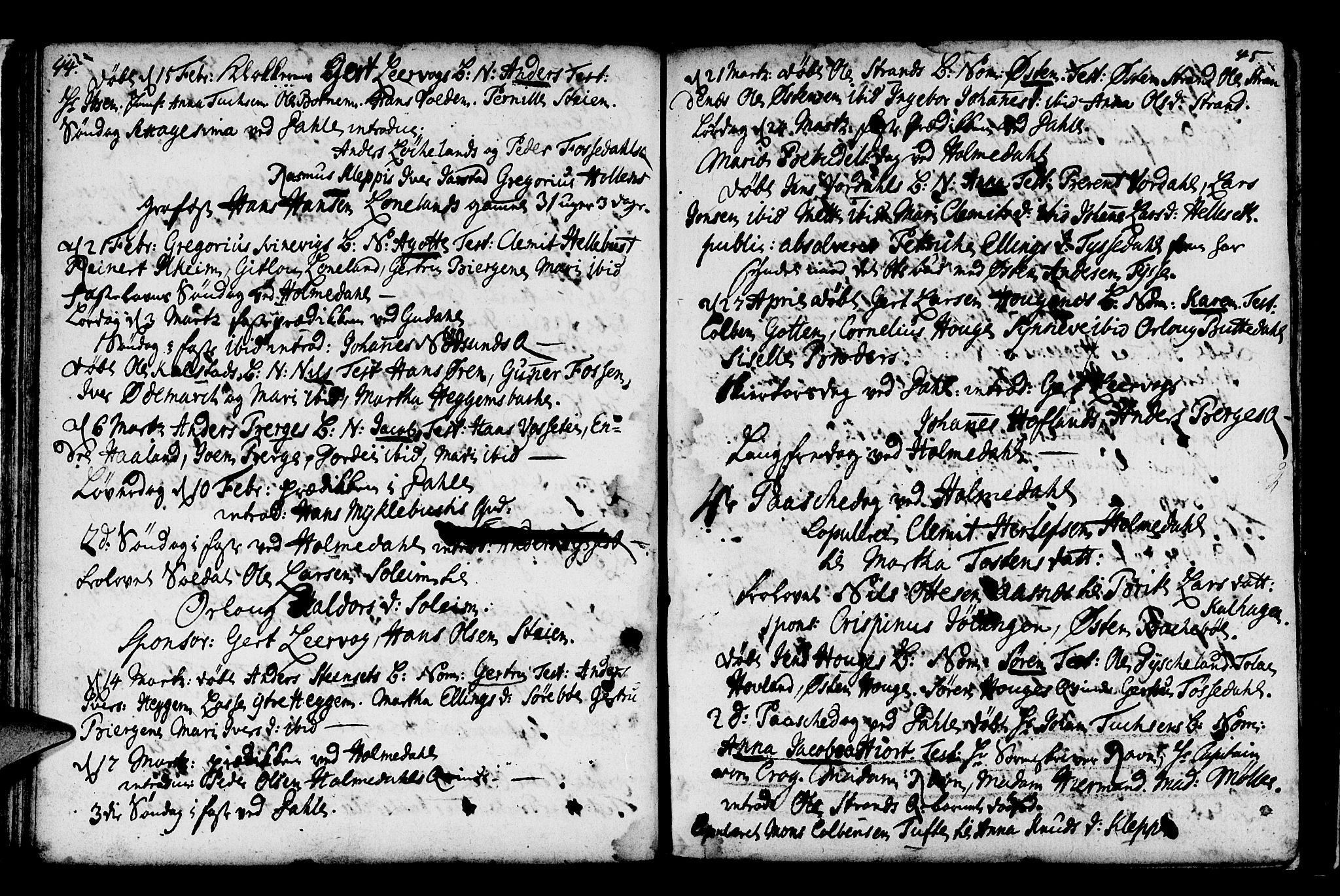 Fjaler sokneprestembete, AV/SAB-A-79801/H/Haa/Haaa/L0001: Parish register (official) no. A 1, 1755-1778, p. 44-45