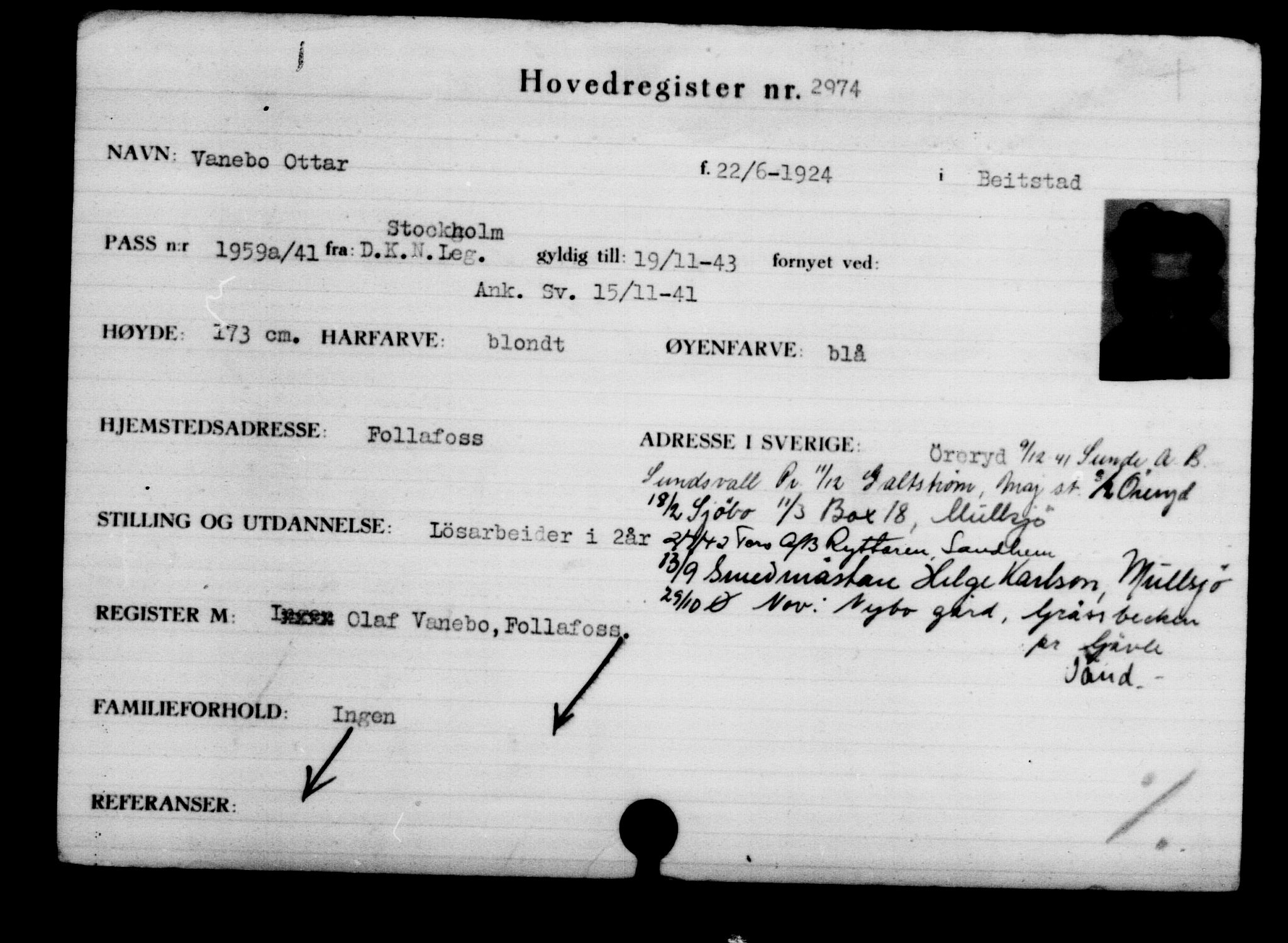 Utenriksstasjonene, Legasjonen i Stockholm, Flyktningkontoret, AV/RA-S-6753/V/Va/L0003: Kjesäterkartoteket, flyktninger med registreringsnr. 2001-3495, 1940-1945, p. 1387