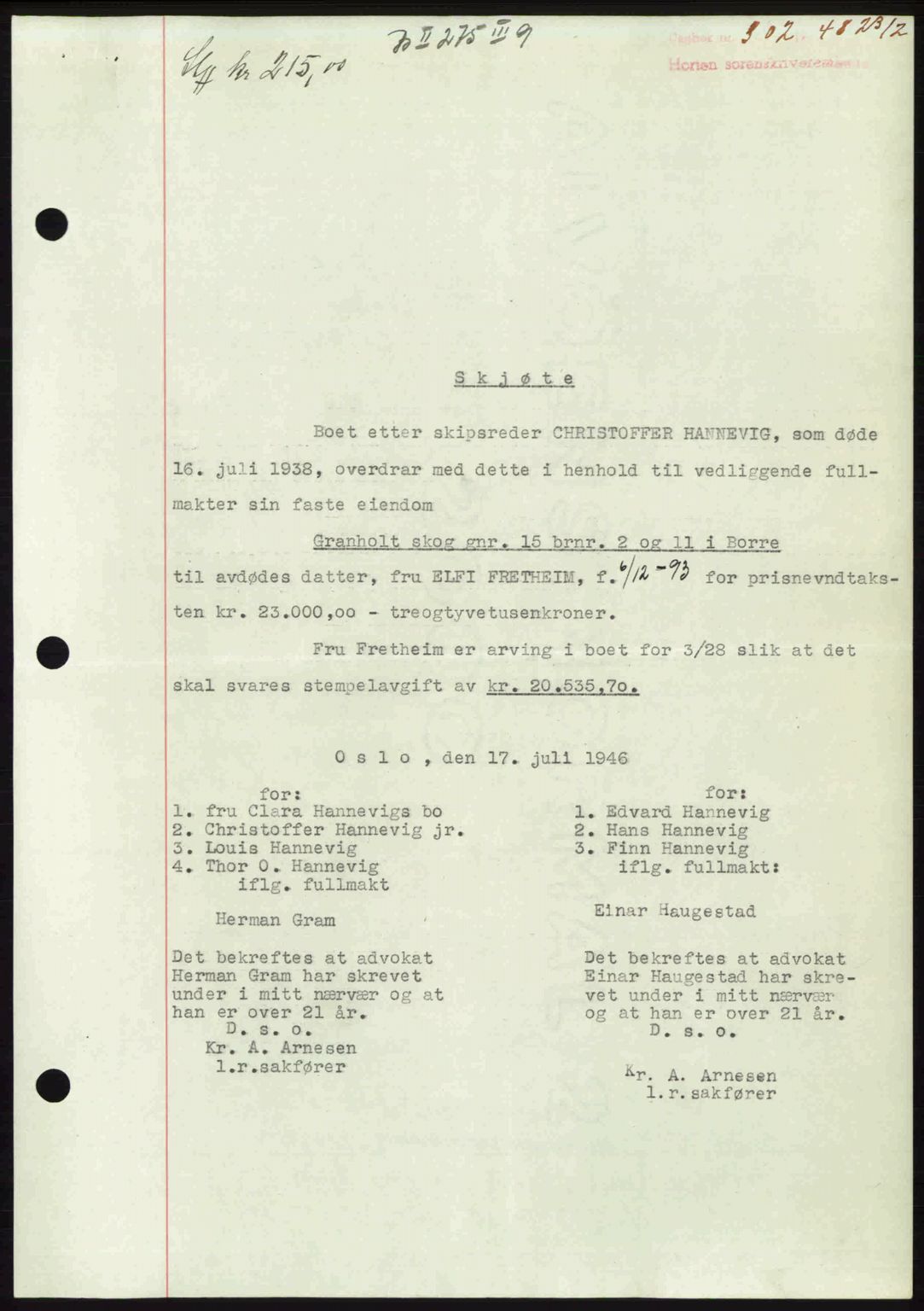 Horten sorenskriveri, AV/SAKO-A-133/G/Ga/Gaa/L0010: Mortgage book no. A-10, 1947-1948, Diary no: : 302/1948