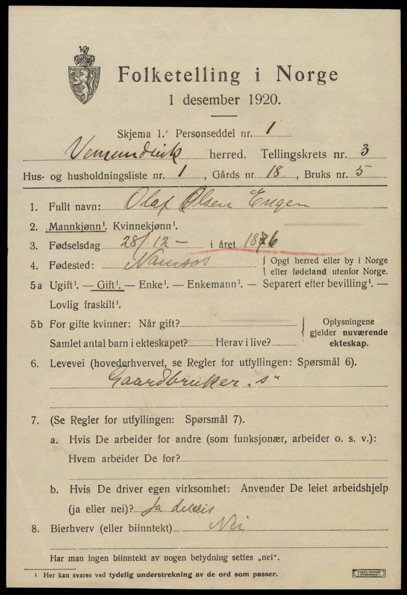 SAT, 1920 census for Vemundvik, 1920, p. 3717