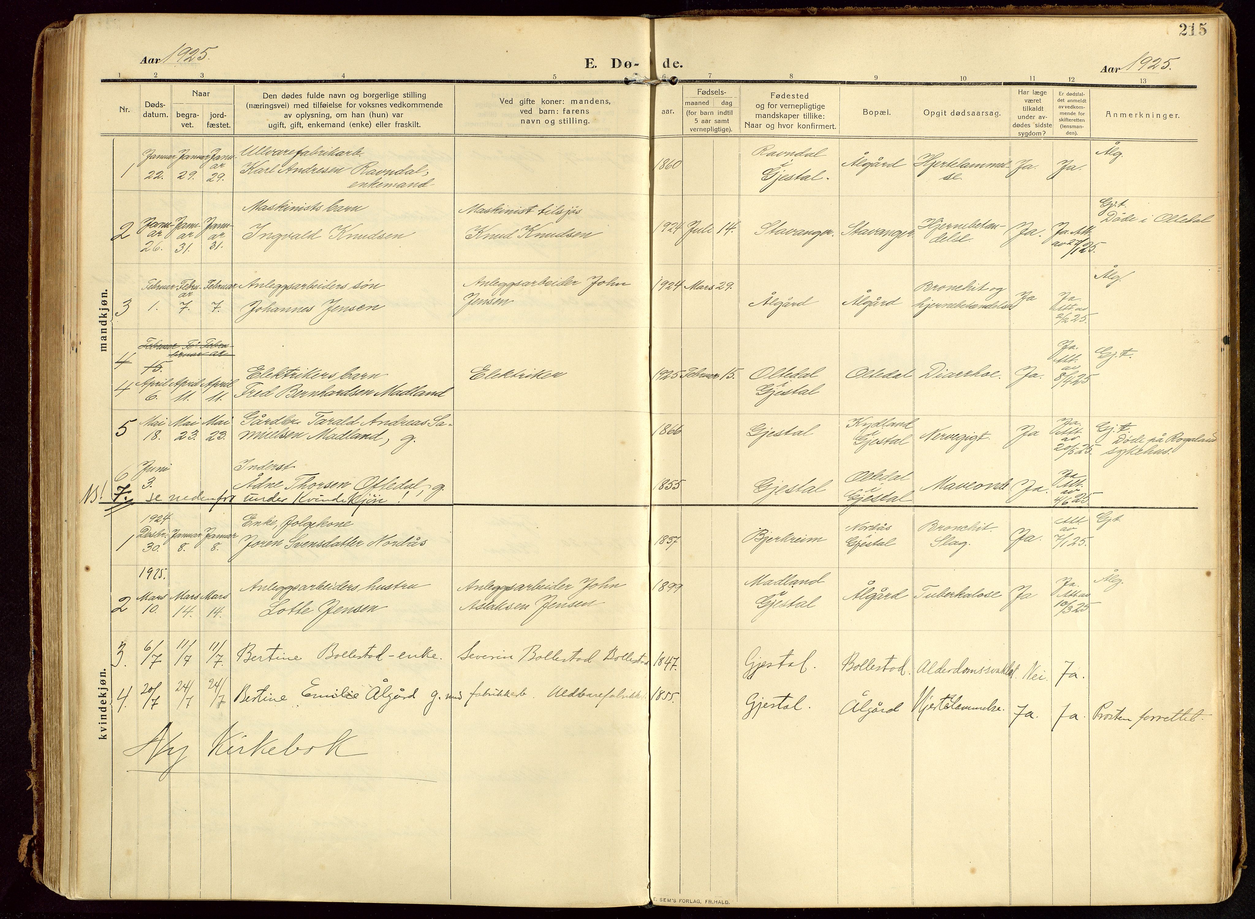 Lye sokneprestkontor, SAST/A-101794/002/B/L0001: Parish register (official) no. A 13, 1910-1925, p. 215