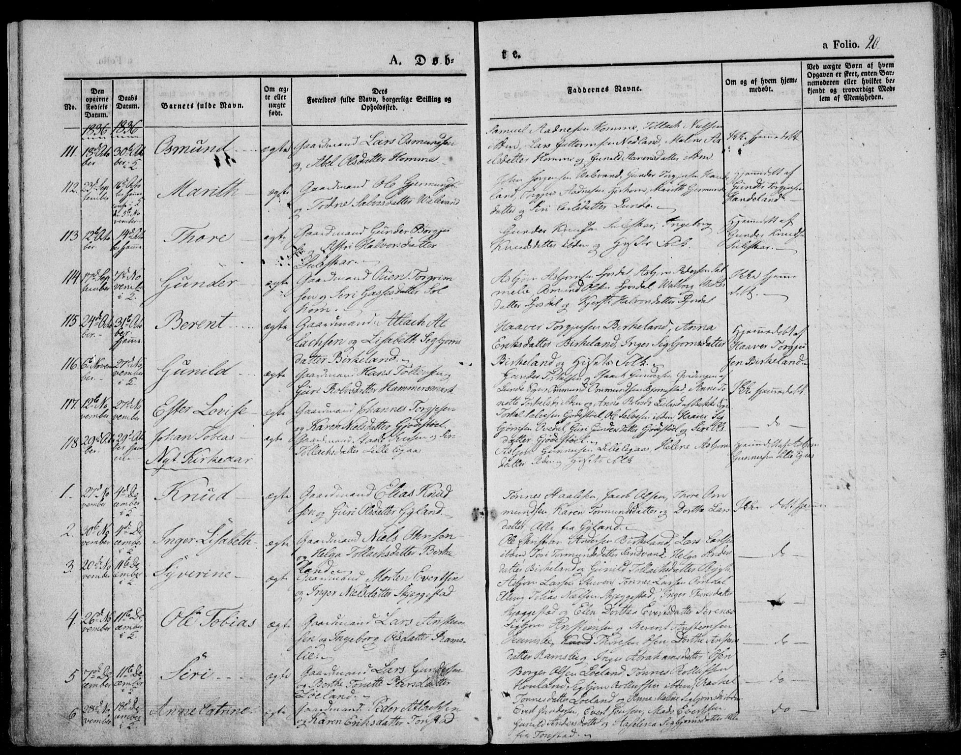 Bakke sokneprestkontor, AV/SAK-1111-0002/F/Fa/Faa/L0004: Parish register (official) no. A 4, 1834-1846, p. 20