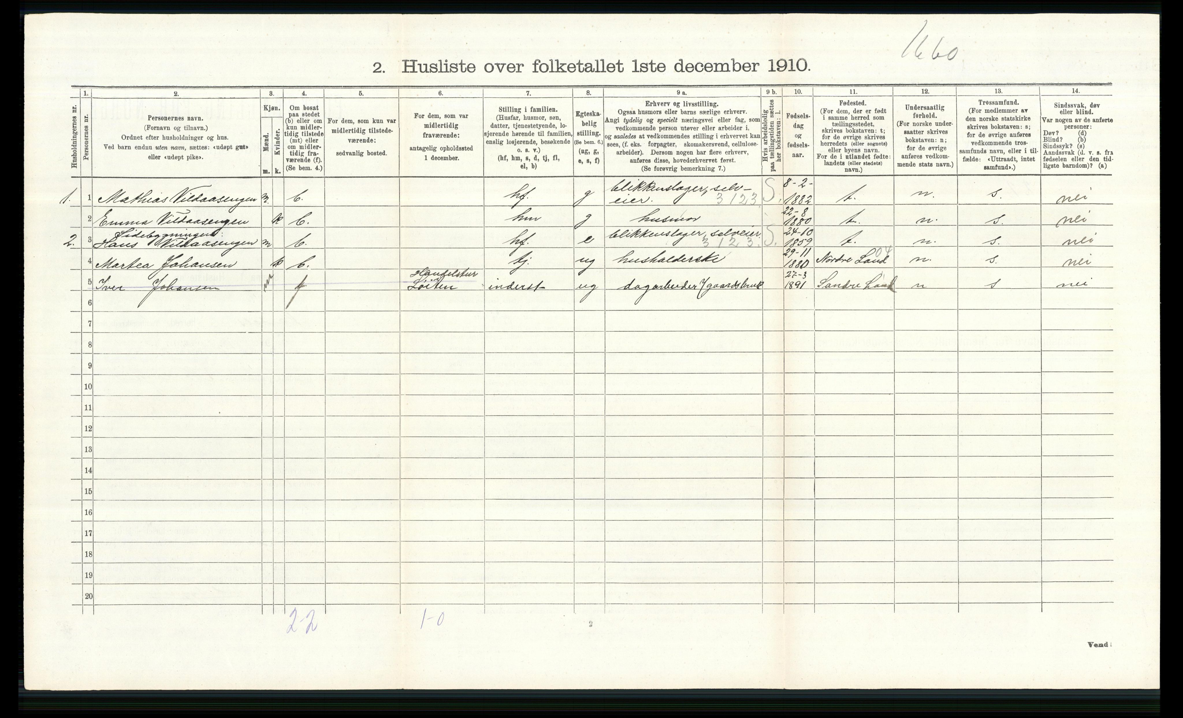 RA, 1910 census for Vardal, 1910, p. 607