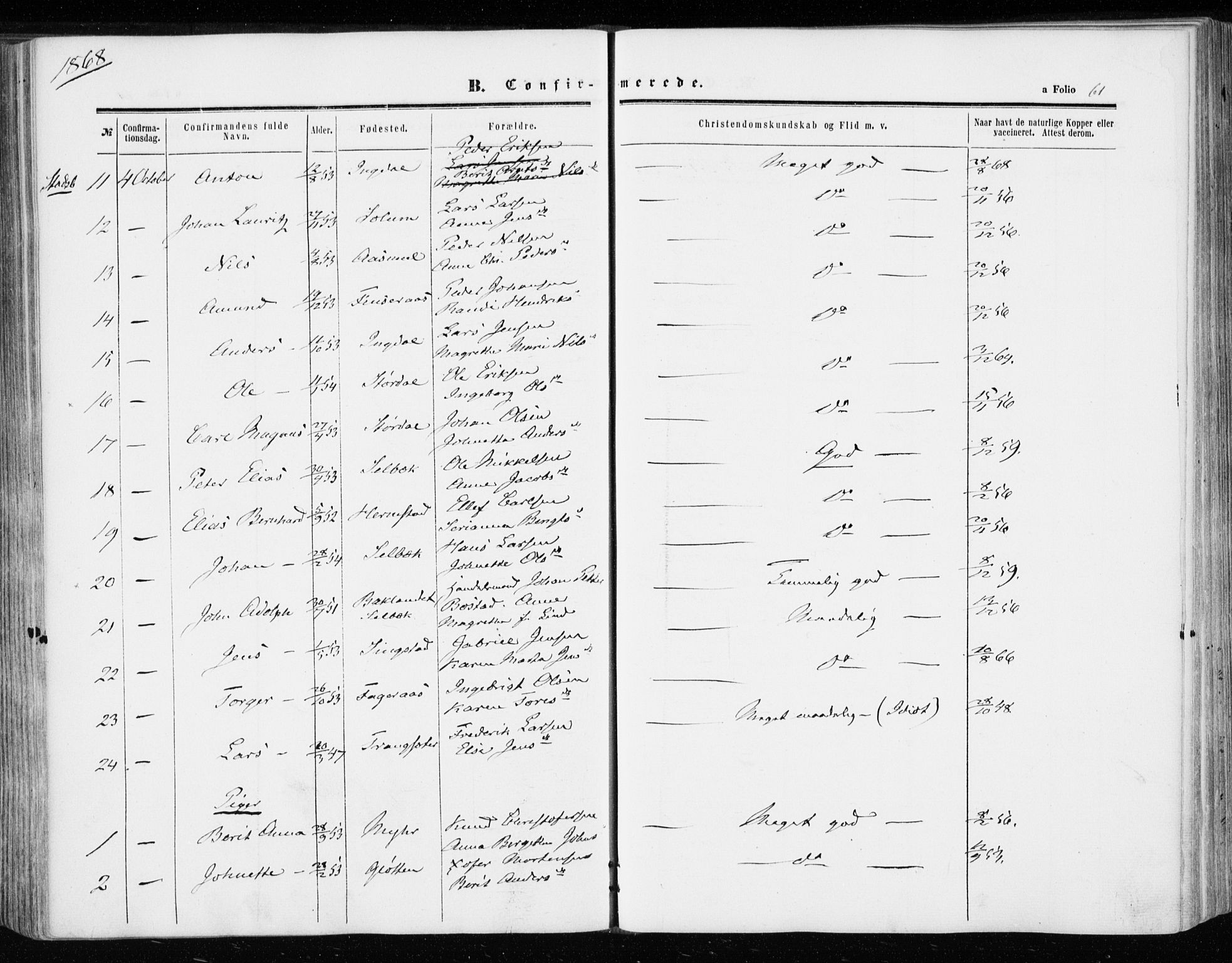 Ministerialprotokoller, klokkerbøker og fødselsregistre - Sør-Trøndelag, SAT/A-1456/646/L0612: Parish register (official) no. 646A10, 1858-1869, p. 61