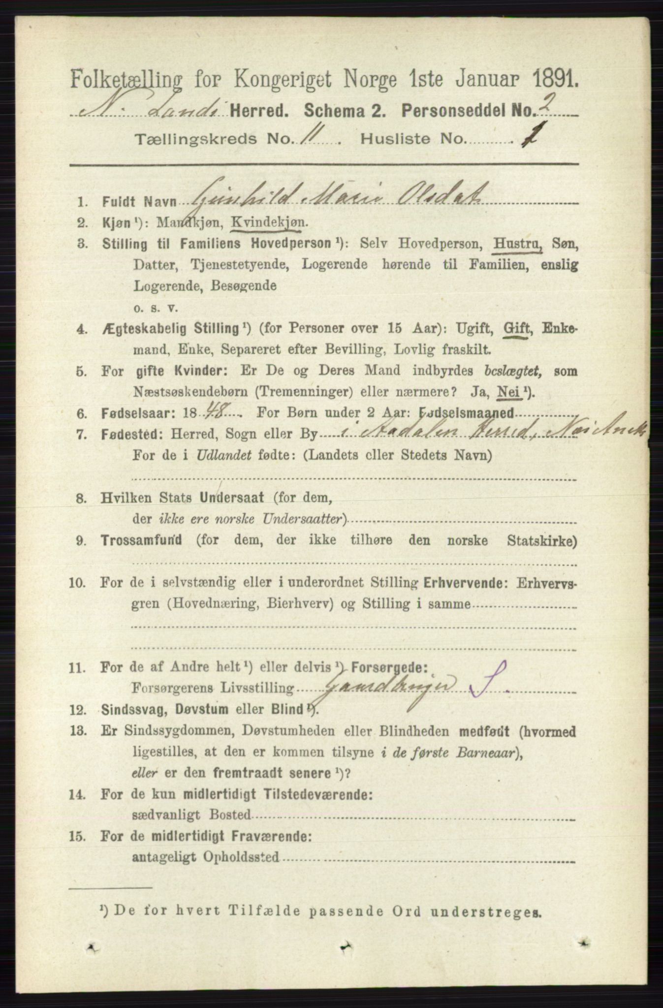 RA, 1891 census for 0538 Nordre Land, 1891, p. 3031