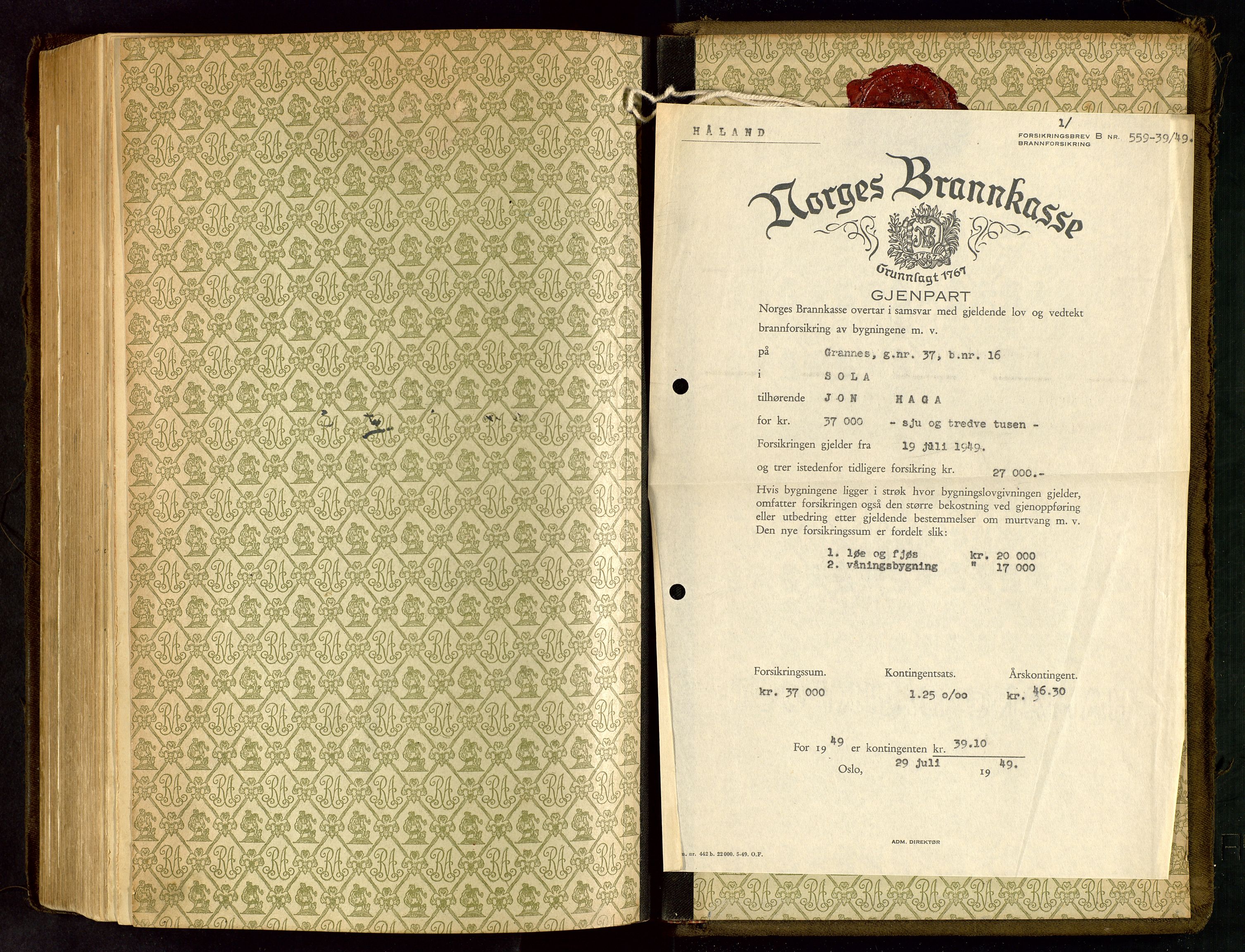 Håland lensmannskontor, SAST/A-100100/Go/L0005: "Brandtakstprotokoll"  Register i boken., 1929-1948