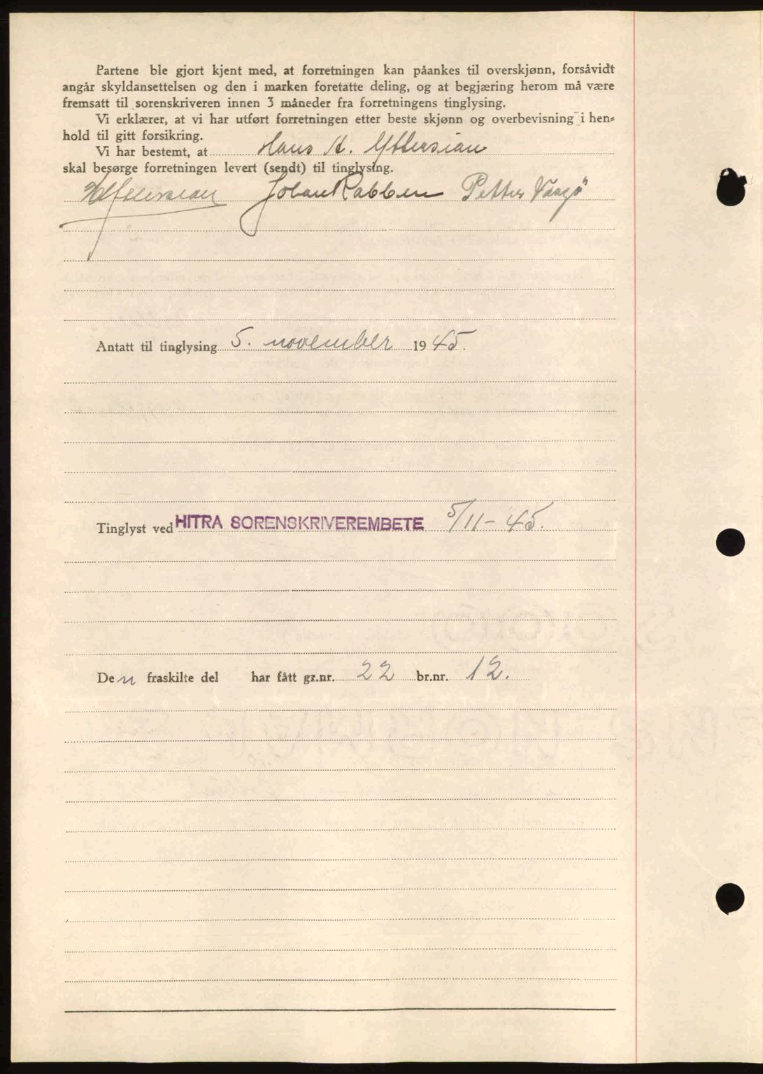 Hitra sorenskriveri, AV/SAT-A-0018/2/2C/2Ca: Mortgage book no. A2, 1943-1945, Diary no: : 581/1945