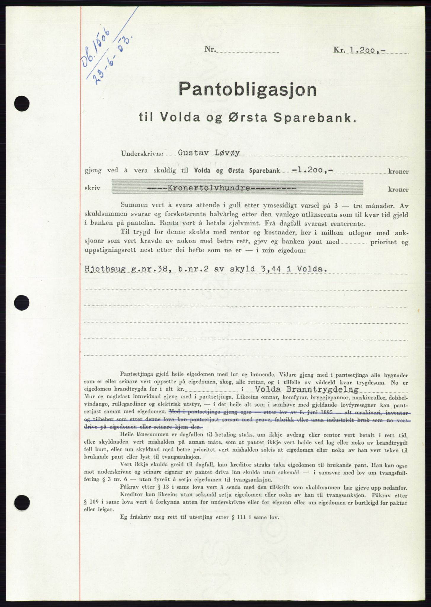 Søre Sunnmøre sorenskriveri, AV/SAT-A-4122/1/2/2C/L0123: Mortgage book no. 11B, 1953-1953, Diary no: : 1506/1953