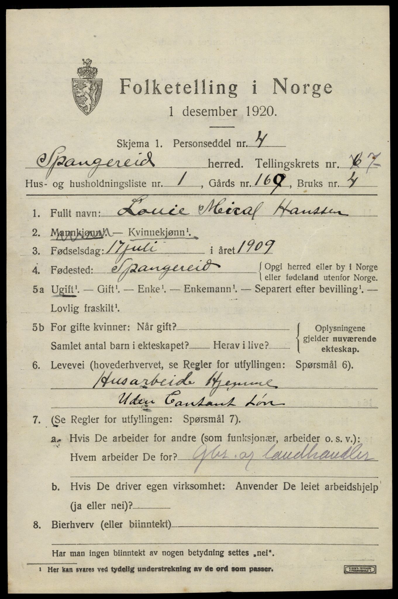 SAK, 1920 census for Spangereid, 1920, p. 2569