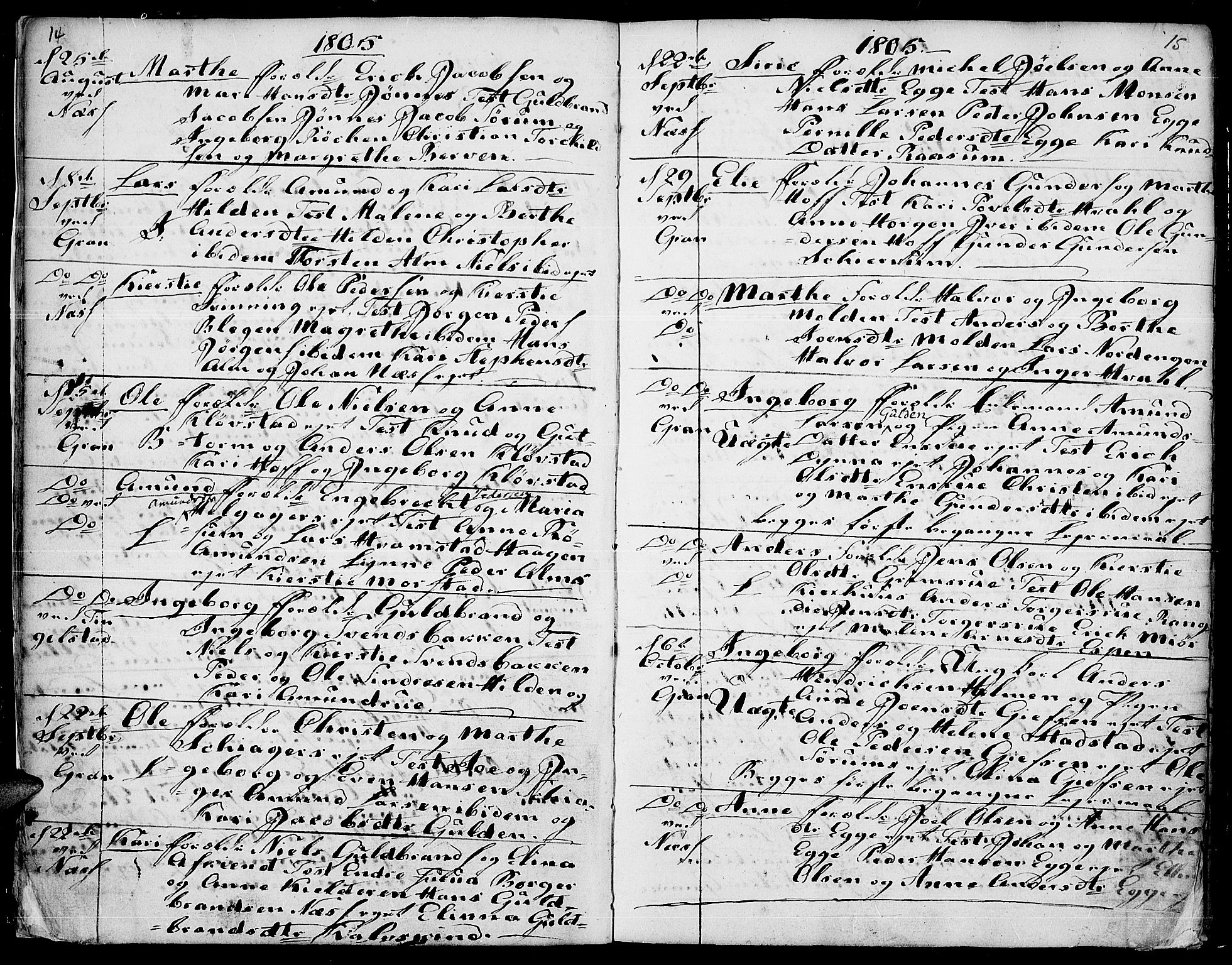 Gran prestekontor, AV/SAH-PREST-112/H/Ha/Haa/L0007: Parish register (official) no. 7, 1804-1815, p. 14-15