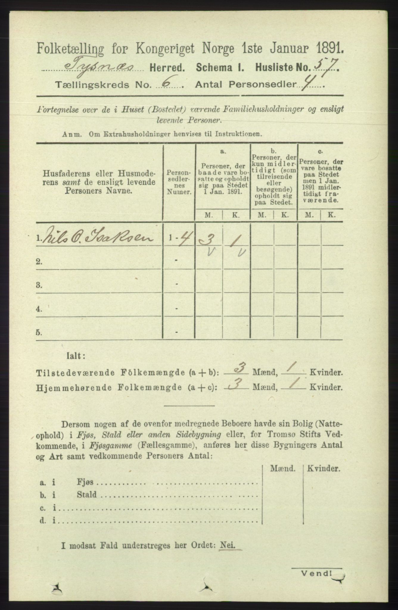 RA, 1891 census for 1223 Tysnes, 1891, p. 2356