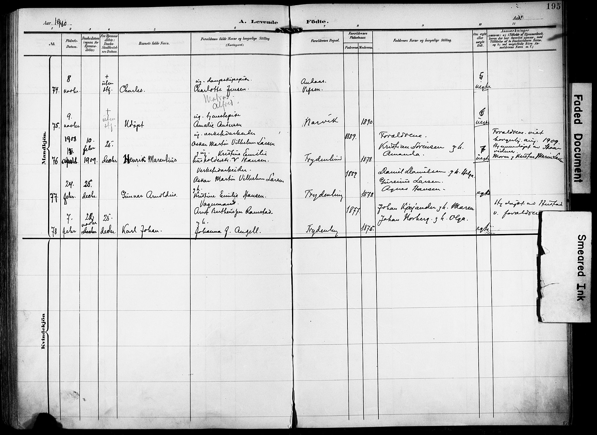 Ministerialprotokoller, klokkerbøker og fødselsregistre - Nordland, AV/SAT-A-1459/871/L0994: Parish register (official) no. 871A10, 1902-1910, p. 195