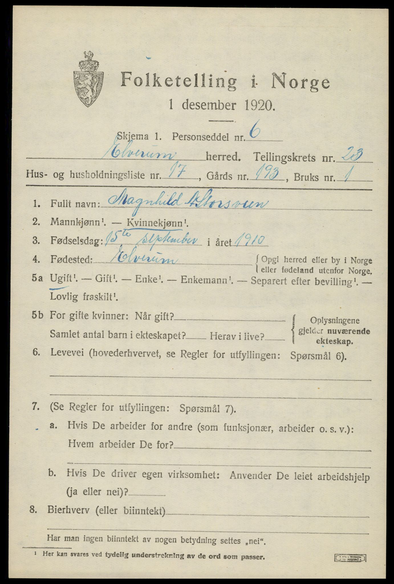 SAH, 1920 census for Elverum, 1920, p. 25380