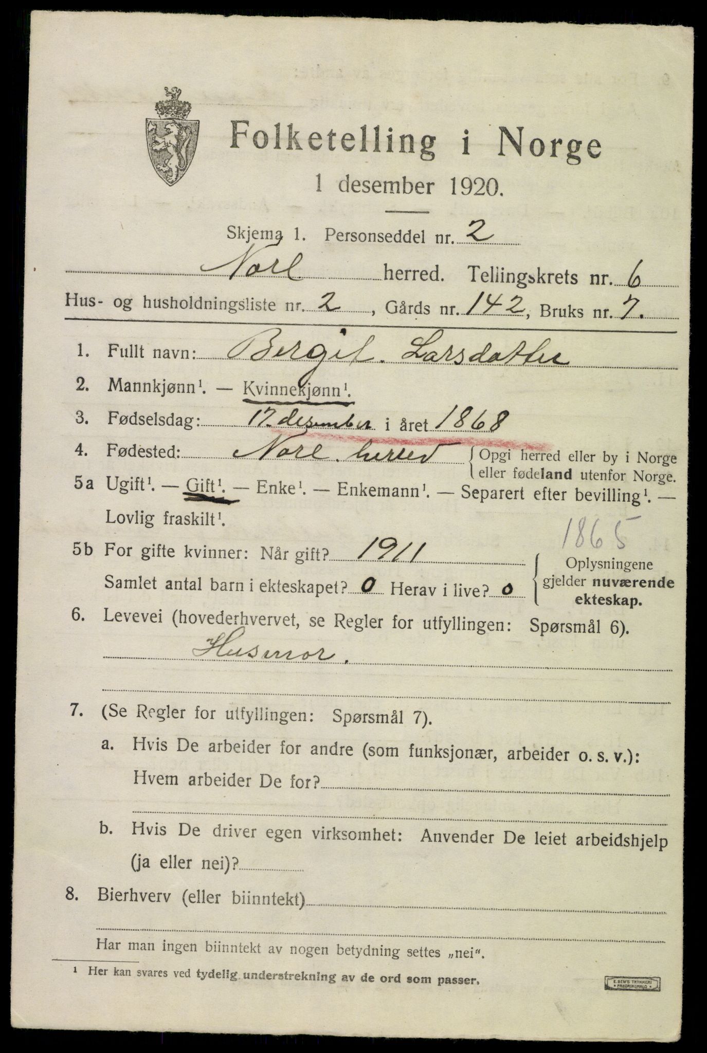 SAKO, 1920 census for Nore, 1920, p. 2492