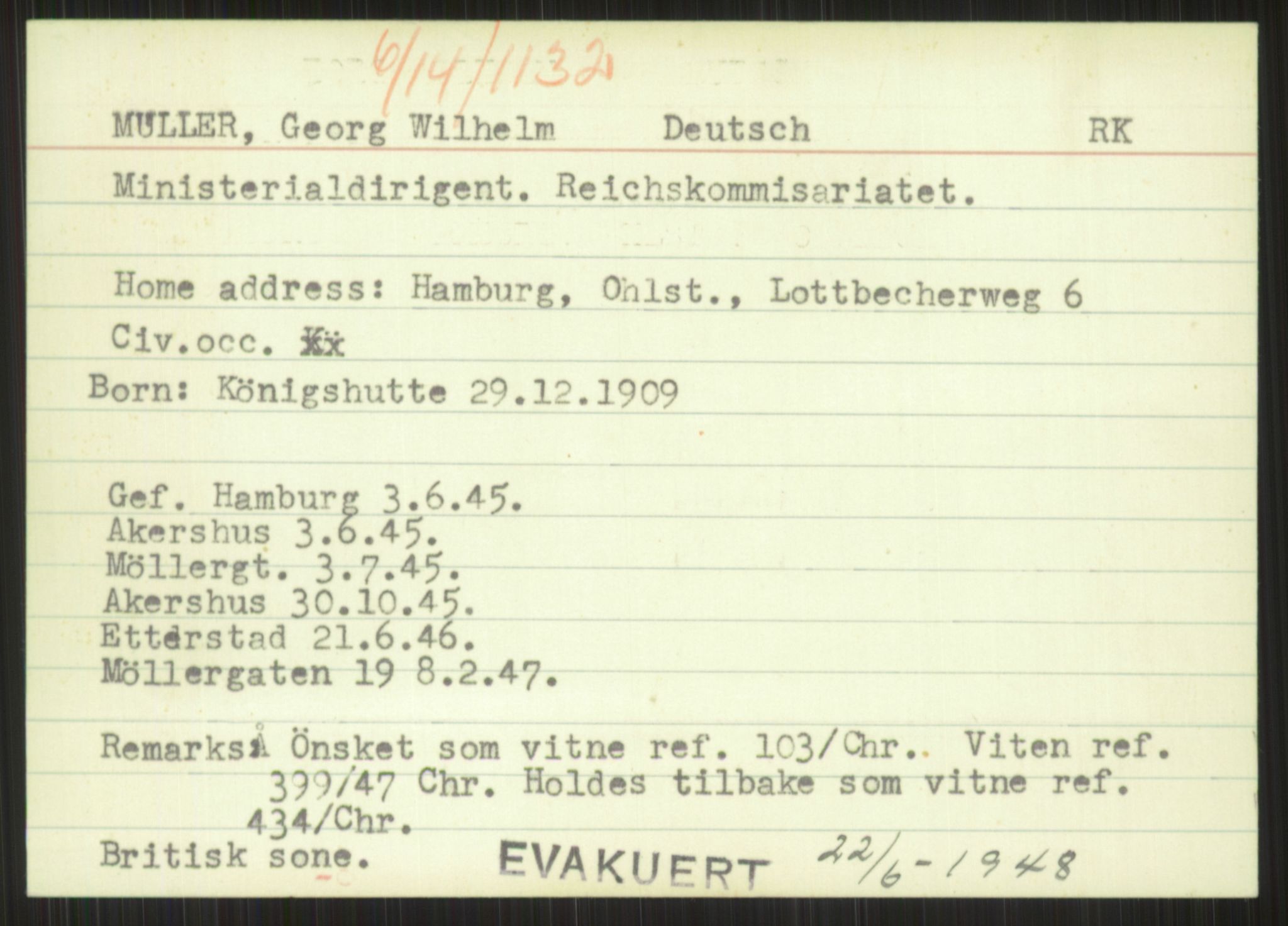 Forsvaret, Forsvarets overkommando II, RA/RAFA-3915/D/Db/L0023: CI Questionaires. Tyske okkupasjonsstyrker i Norge. Tyskere., 1945-1946, p. 186